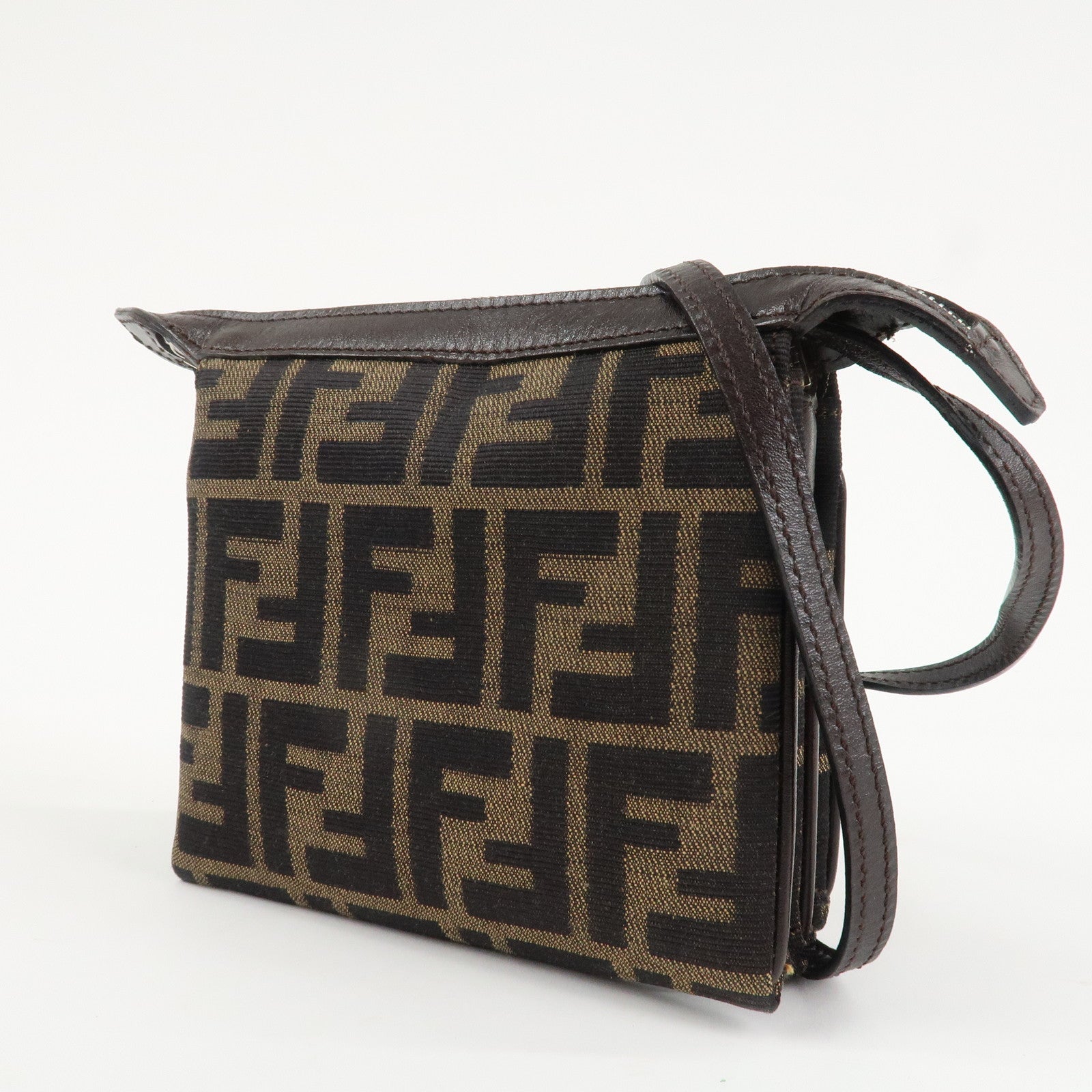 FENDI Zucca Canvas Leather Shoulder Bag Black Brown Silver HDW Used