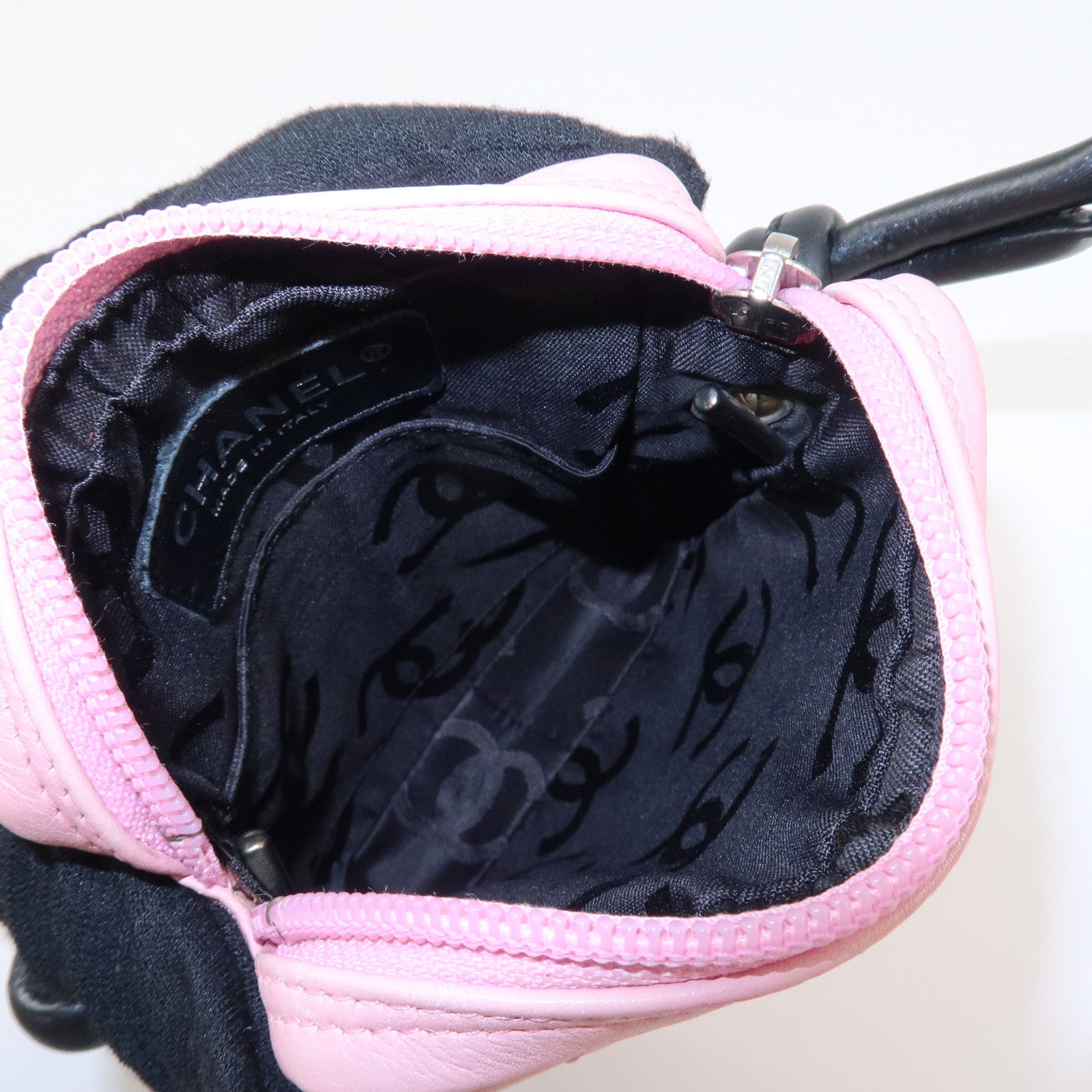 CHANEL Cambon Lamb Skin Small Pochette Shoulder Bag Pink Black A25177 Used