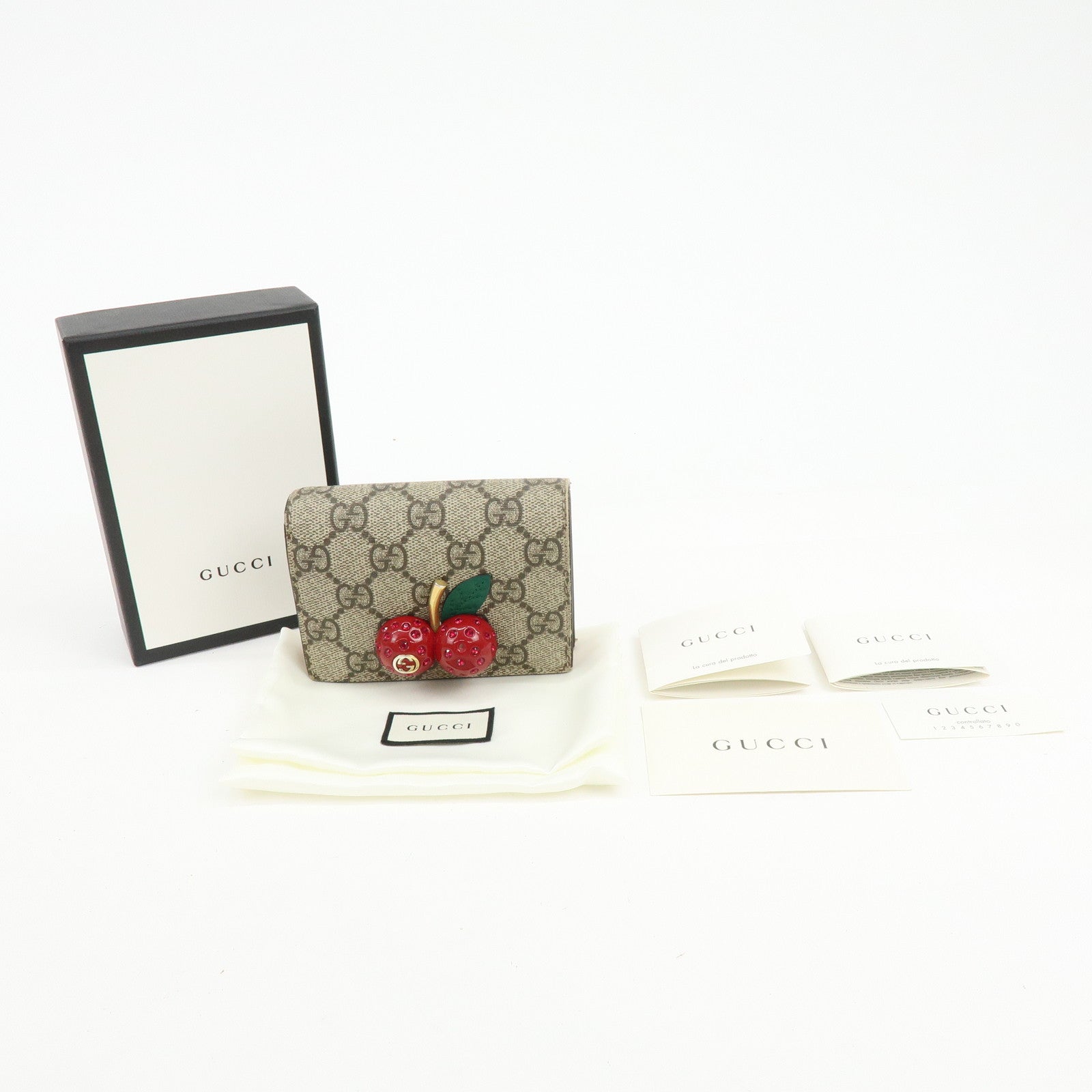 GUCCI Interlocking G GG Supreme Cherry Compact Wallet Beige 476050