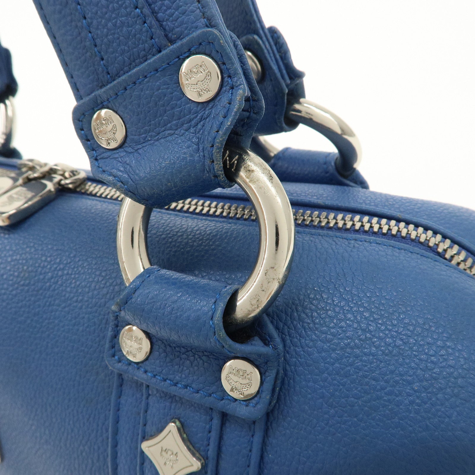 MCM Logo Leather Hand Bag Silver Studs Blue