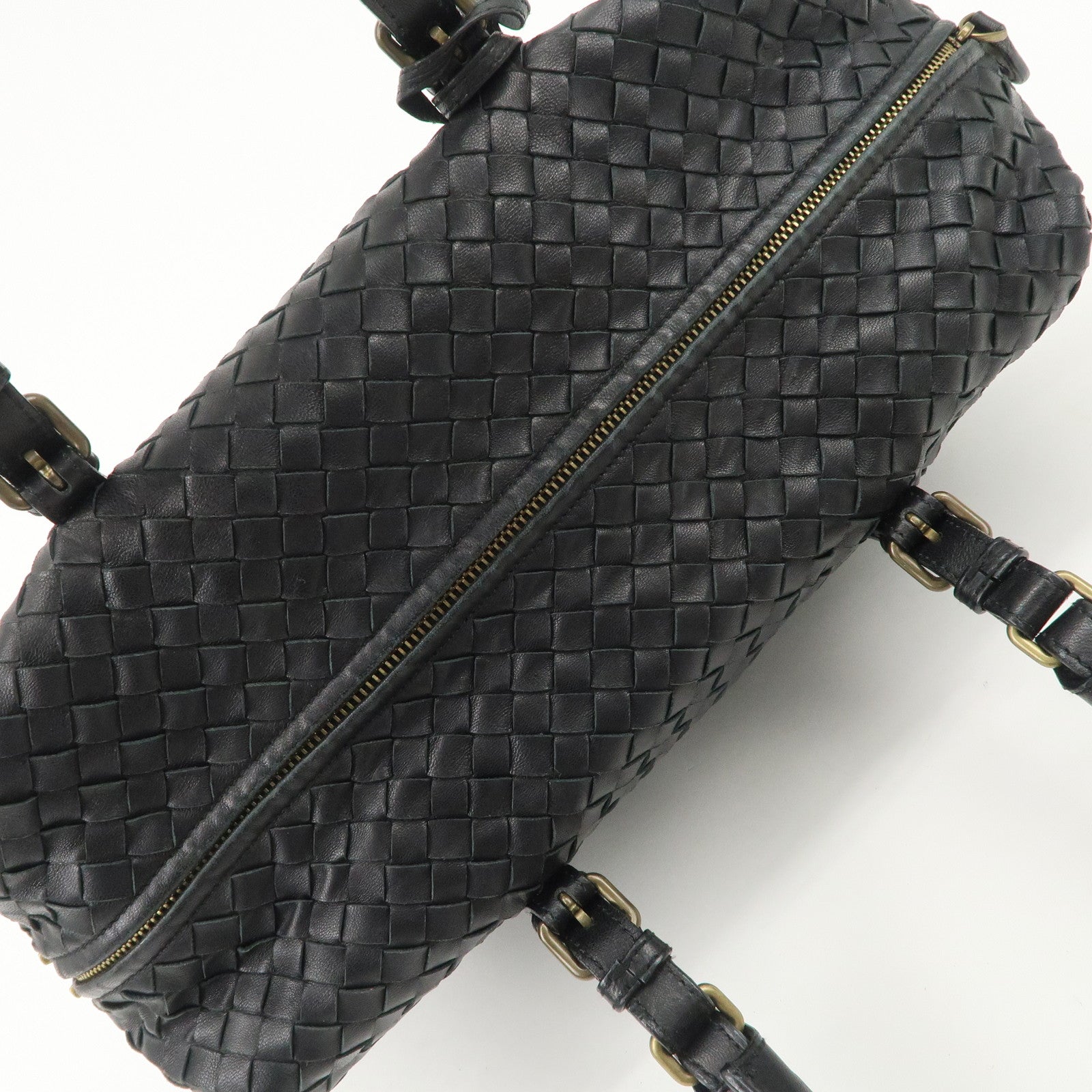 BOTTEGA VENETA Intrecciato Leather Boston Bag Hand Bag Black 173398