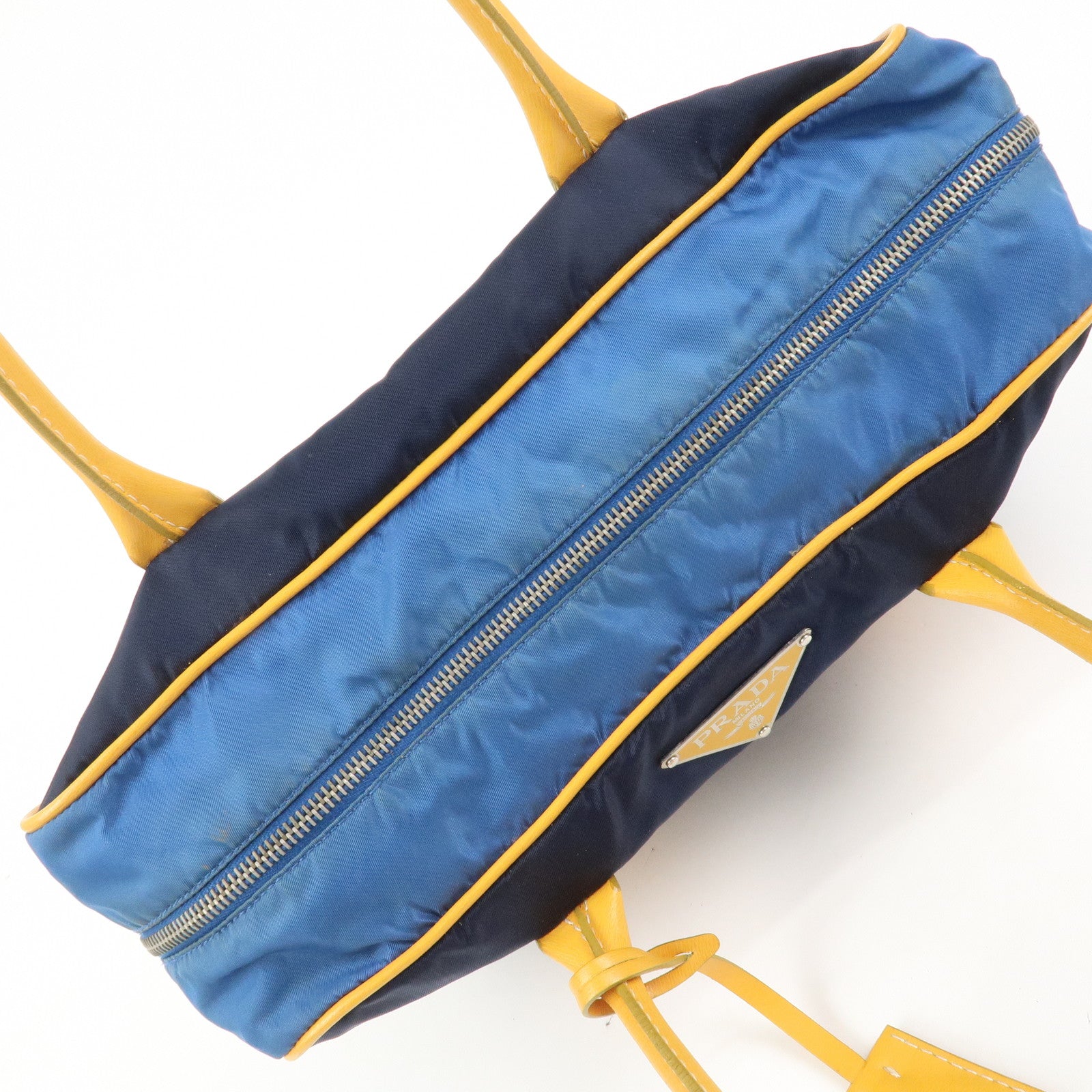 PRADA Triangle Logo Nylon Leather Shoulder Bag Hand Bag Navy Yellow