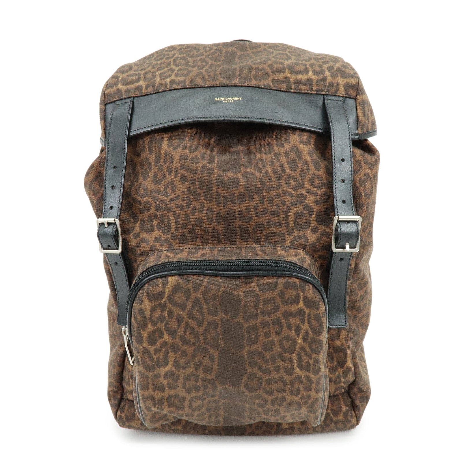 SAINT LAURENT PARIS Canvas Leather Backpack Leopard Brown 342609