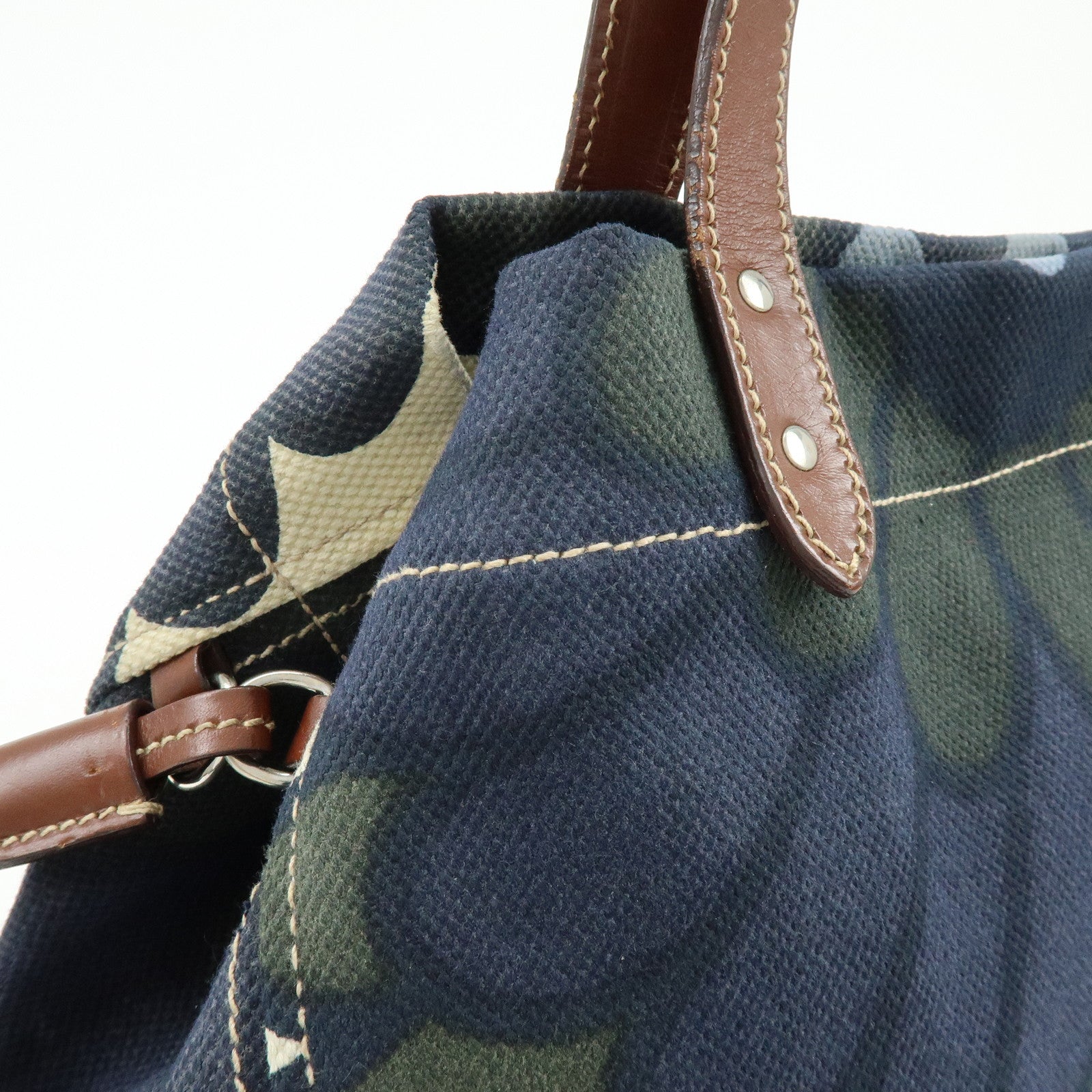 MIU MIU Canvas Leather Tote Bag Shoulder Bag Flower Motif Navy