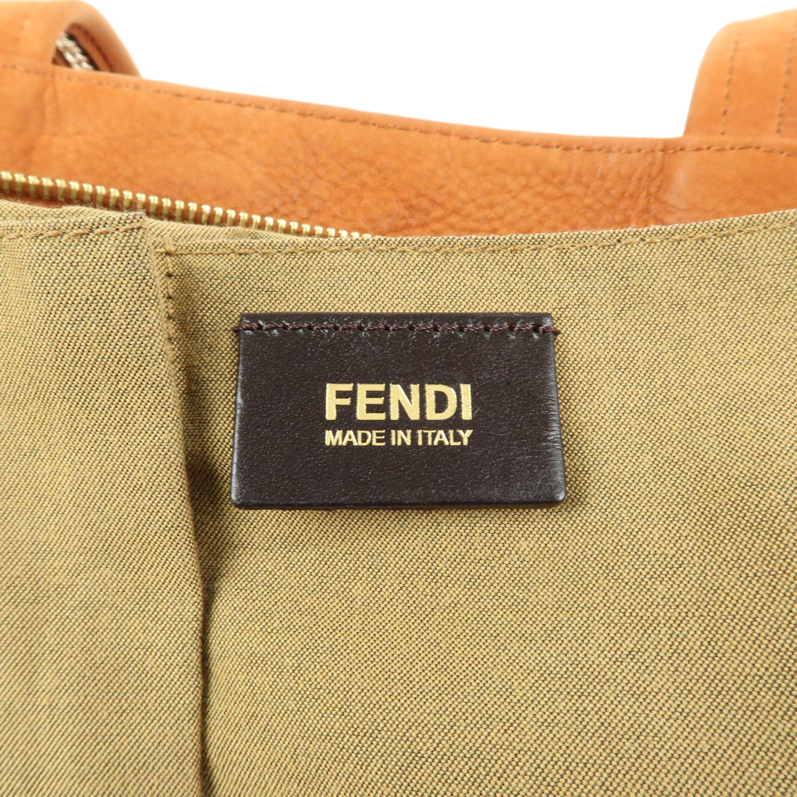 FENDI Leather LAMPO Tote Bag Shoulder Bag Camel Brown 8BR636
