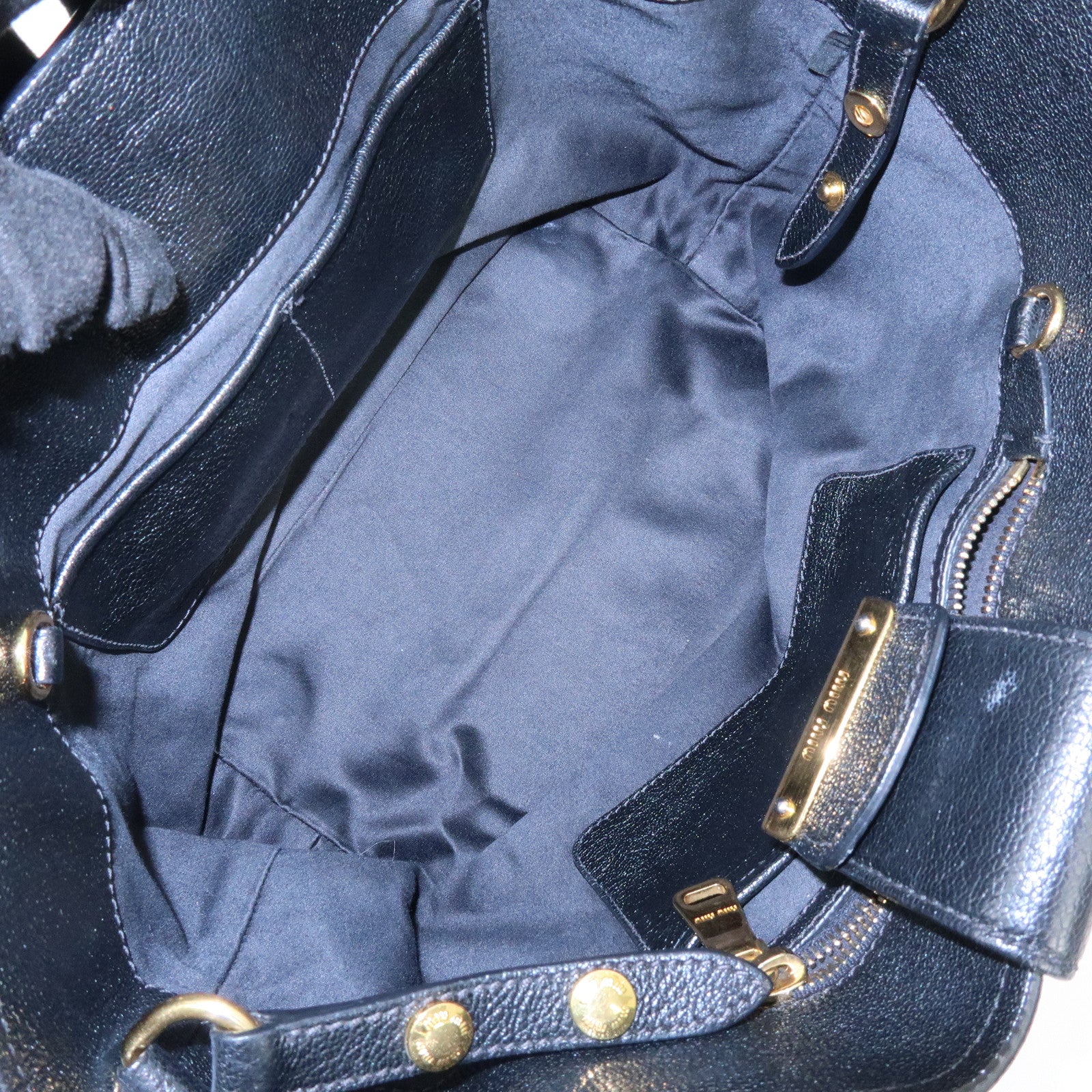 MIU MIU Logo Madras Leather Hand Bag Tote Bag Black