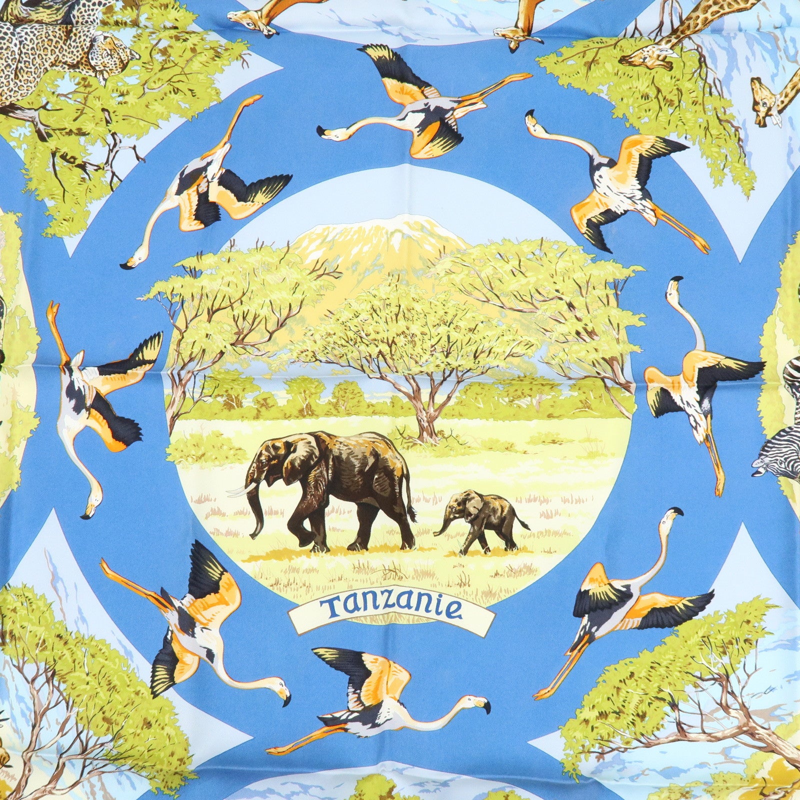 HERMES Carre 90 Silk 100% Scarf Tanzanie Animal Print Blue Green