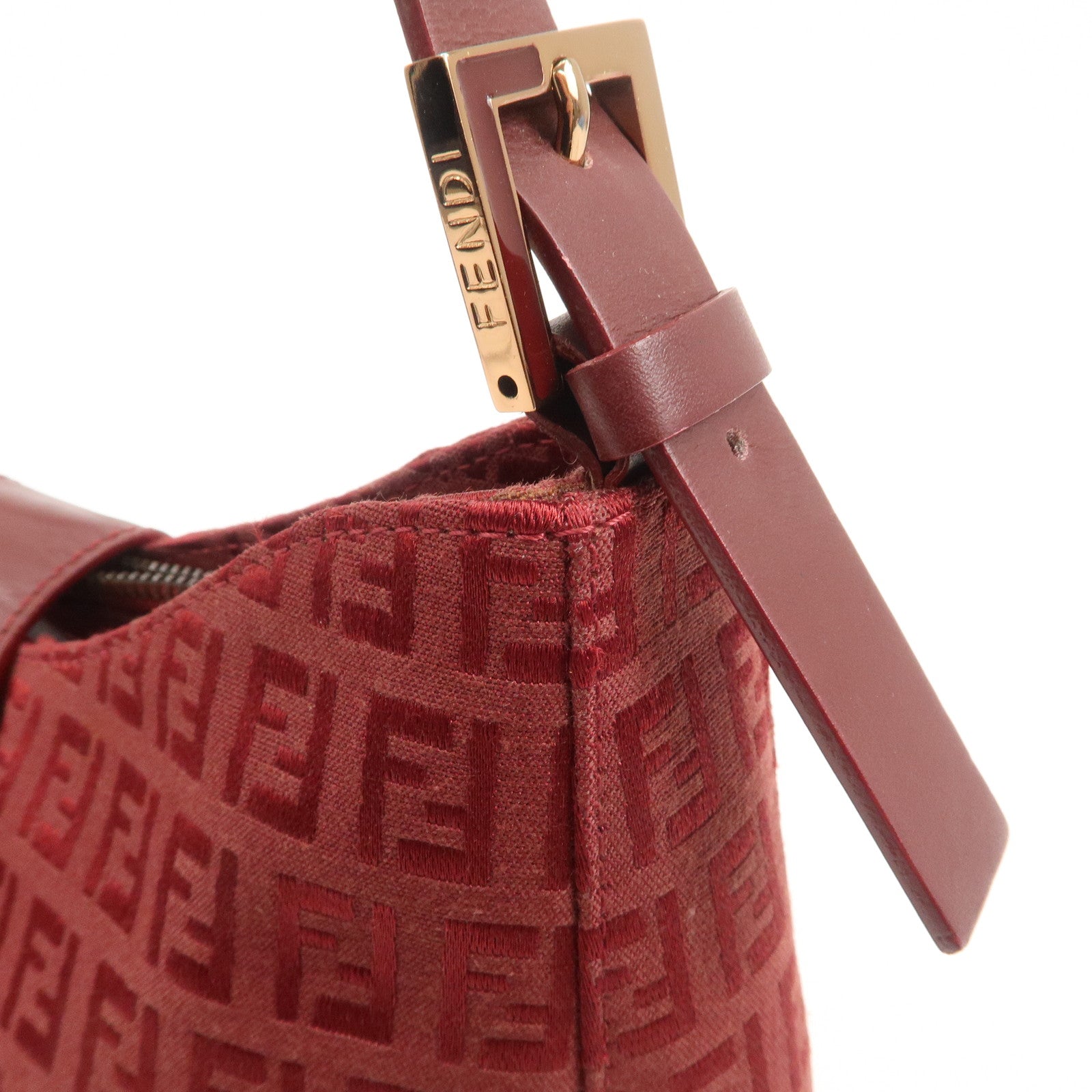 FENDI Zucchino Leather Canvas Shoulder Bag Hand Bag Red Used