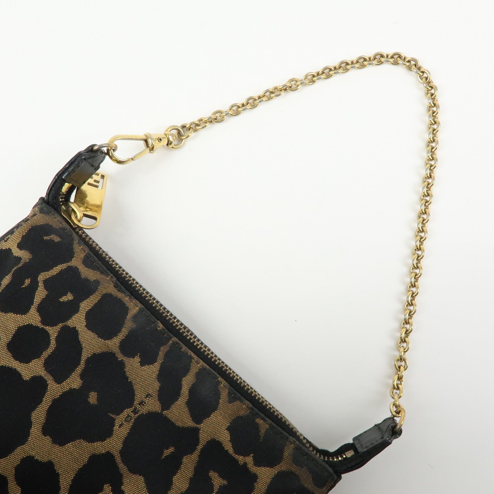 FENDI Canvas Leather Leopard Chain Hand Bag Brown Black 8M0264