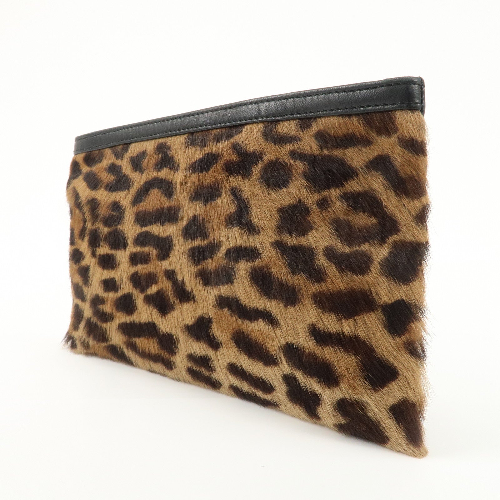 LOEWE Pony Hair Leather Pouch Leopard Brown Black Gold HDW Used