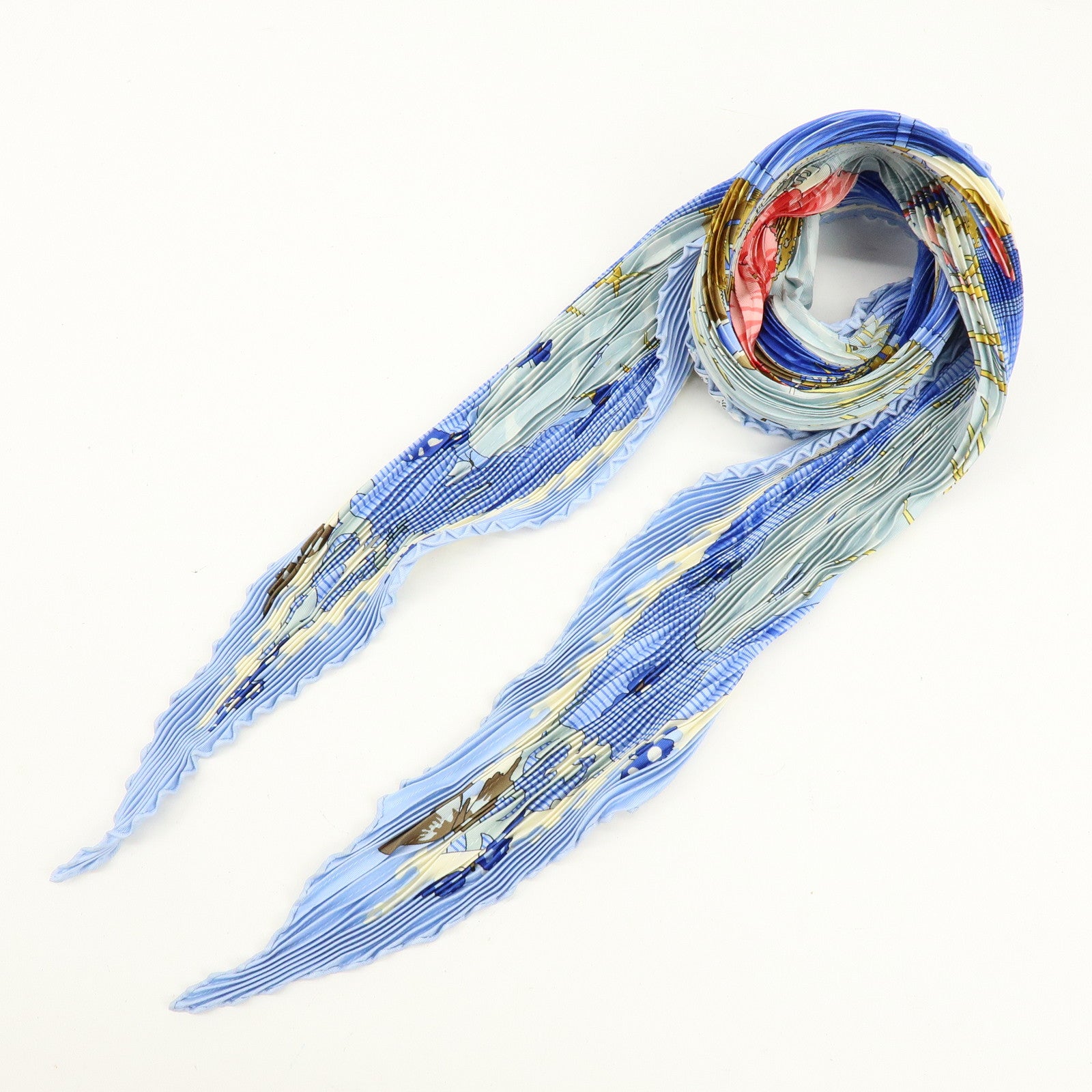 HERMES Pleats Carre Silk 100% Scarf VARANGUES Blue Pink