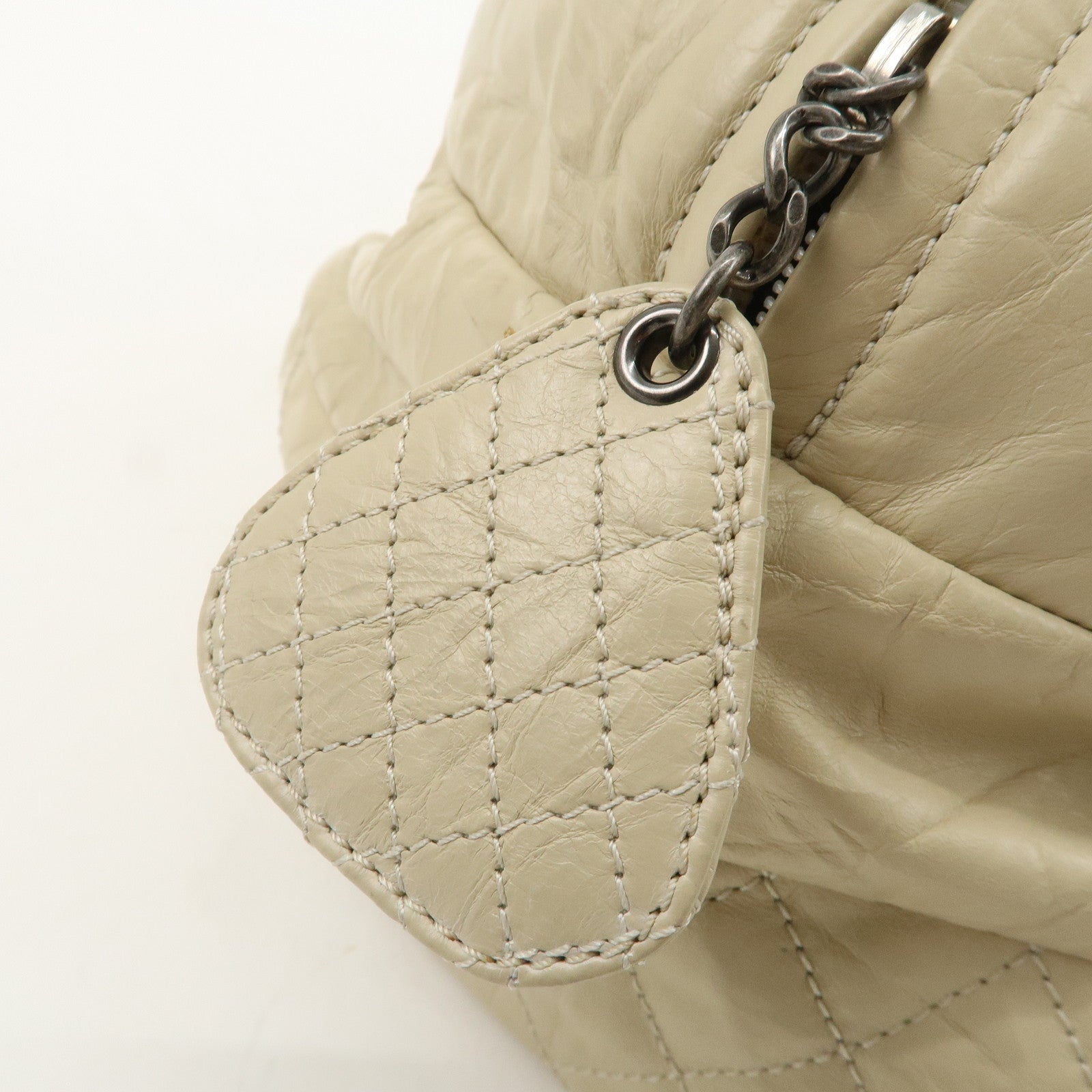 CHANEL Matelasse Leather COCO Mark Boston Bag Ivory Used