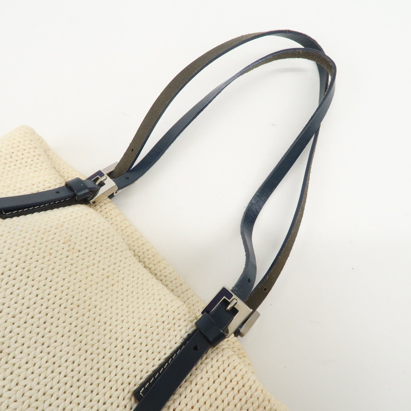 FENDI Logo Wool Leather Hand Bag Shoulder Bag Ivory Navy 26731