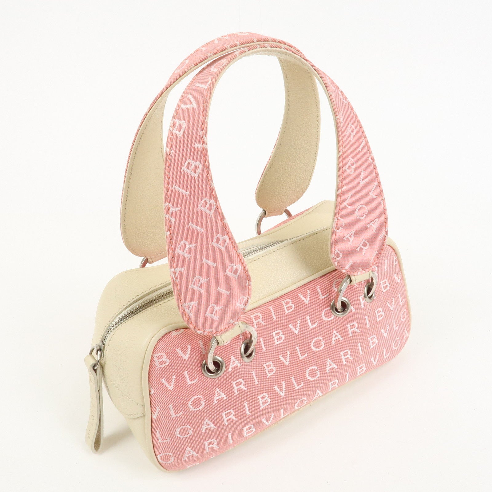 BVLGARI Logo Mania Canvas Leather Hand Bag Pink Ivory