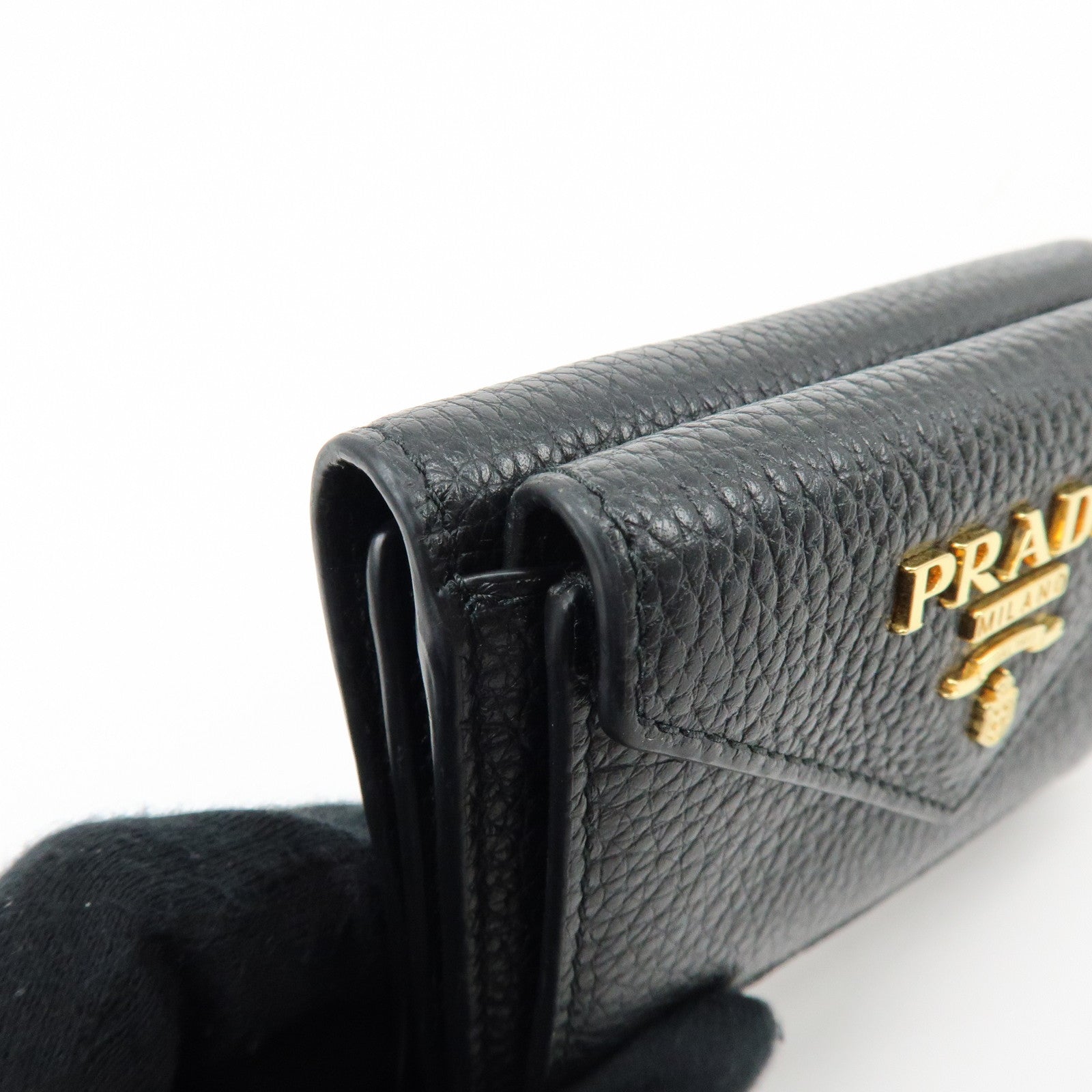 PRADA Logo Saffiano Leather Tri-fold Compact Wallet Black 1MH021