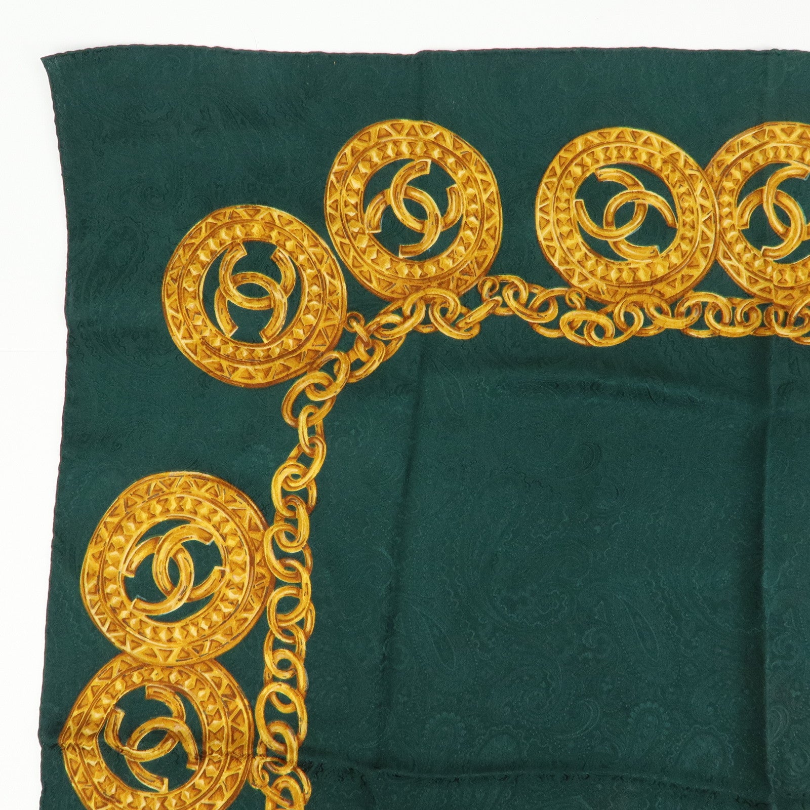 CHANEL COCO Mark Silk 100% Scarf Green Gold
