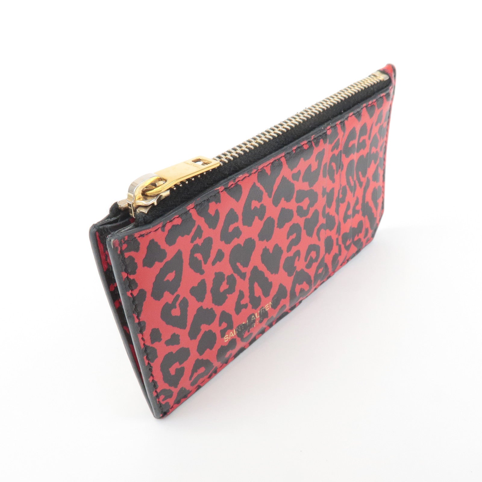 Saint Lauren Leather Animal Leopard Coin Case Card Case Black Red Used
