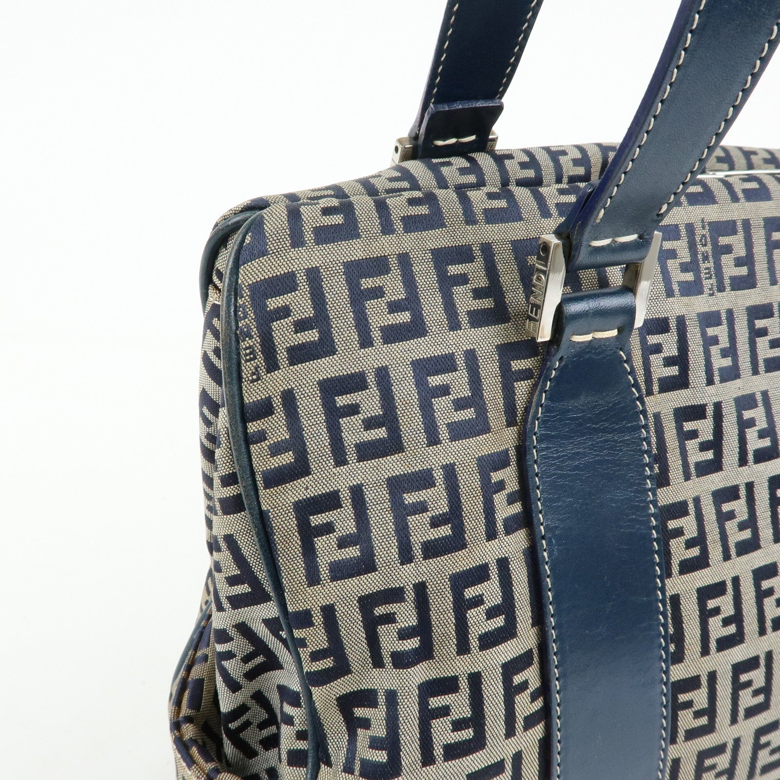 FENDI Zucchino Canvas Leather Tote Bag Shoulder Bag Boston Bag Navy