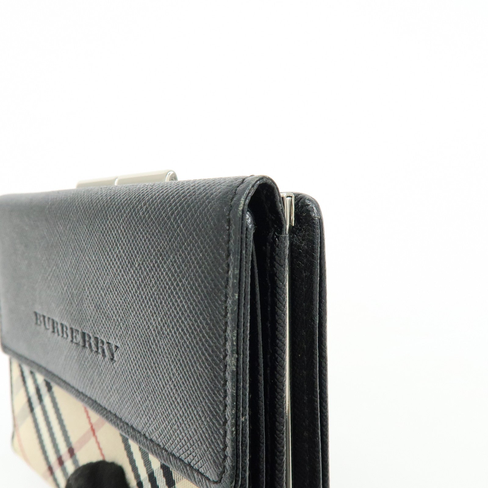 BURBERRY Nova Plaid Canvas Leather Compact Wallet Black Beige