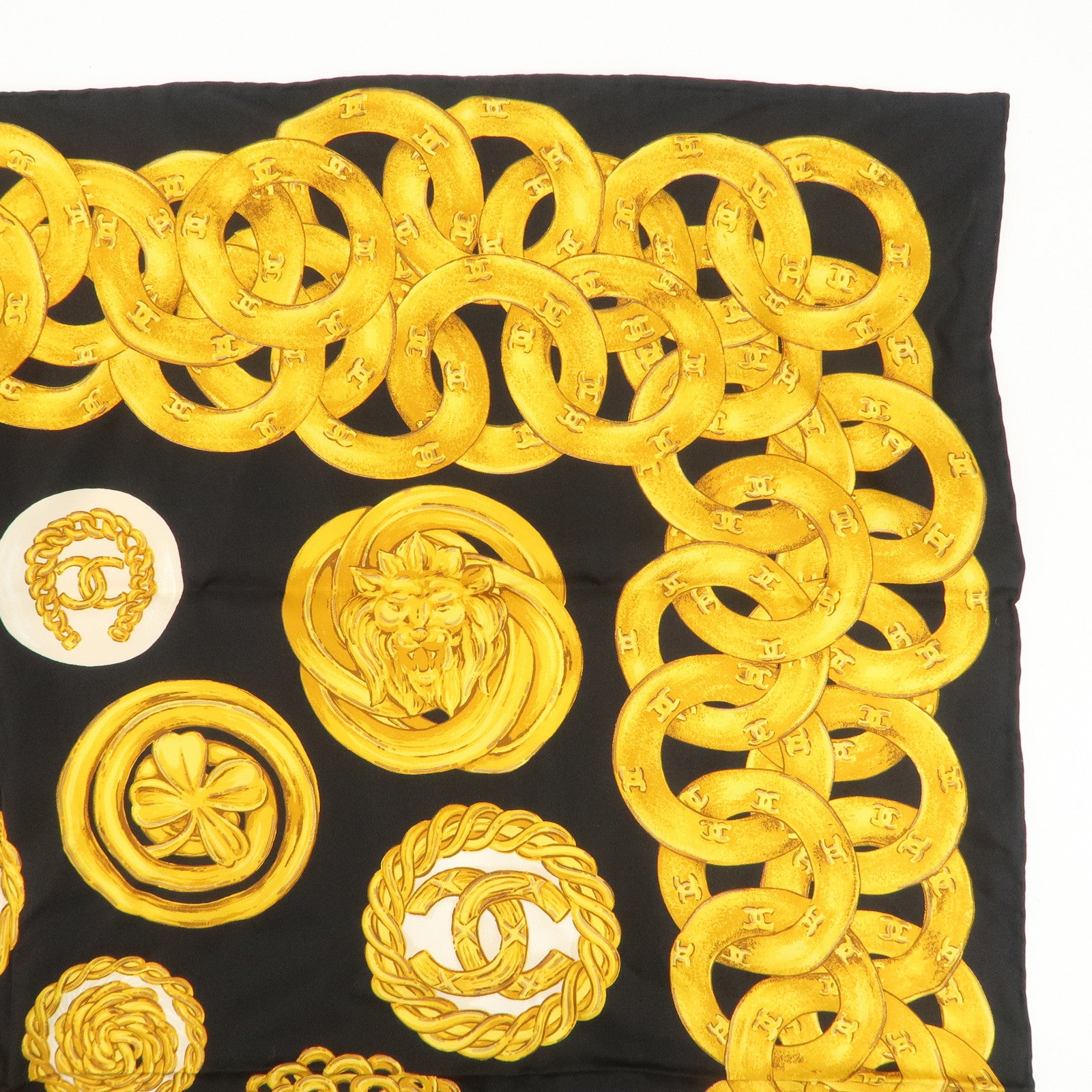 CHANEL COCO Mark Silk 100% Scarf Chain Pattern Black Gold Used