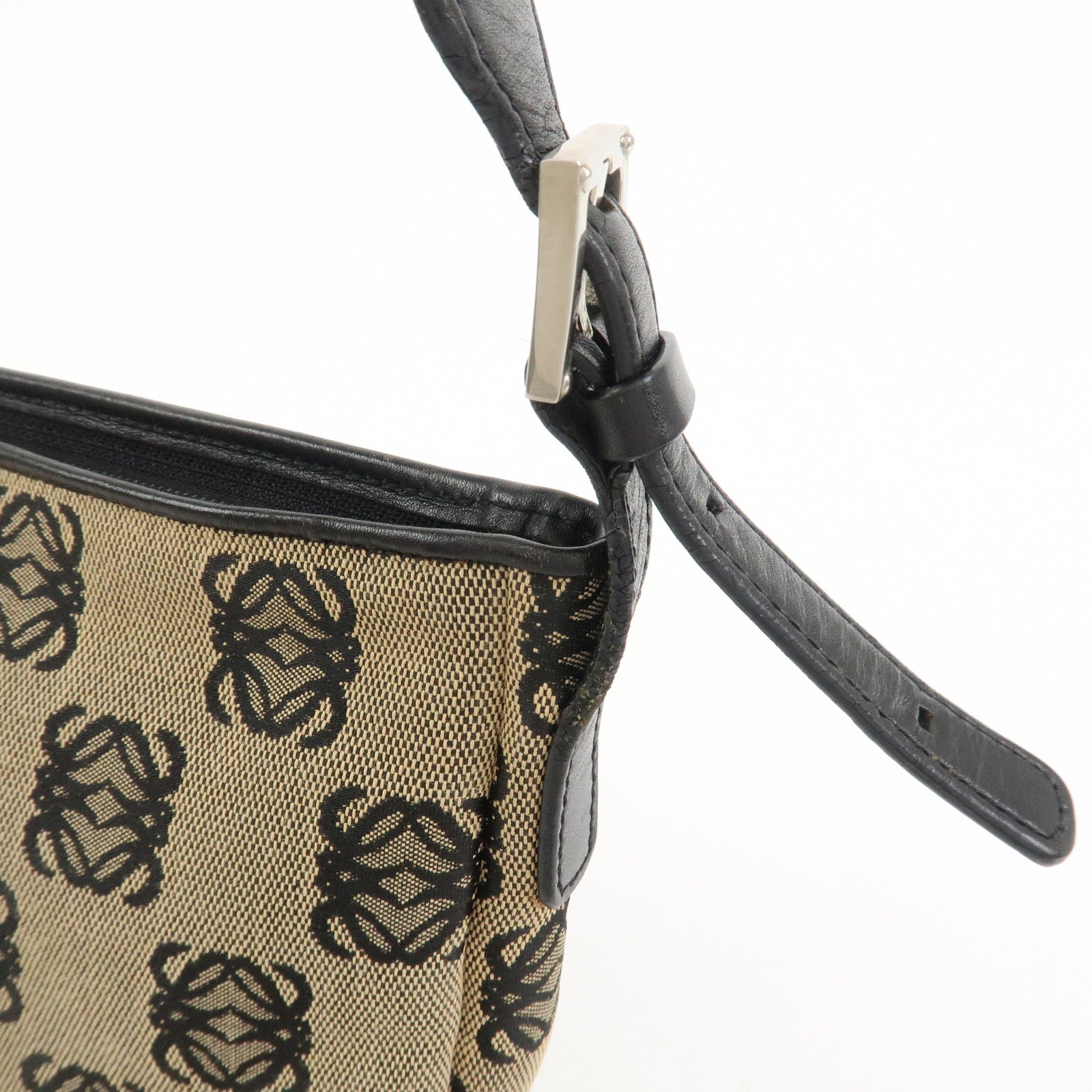 LOEWE Anagram Logo Canvas Leather Shoulder Bag Hand Bag Beige Black