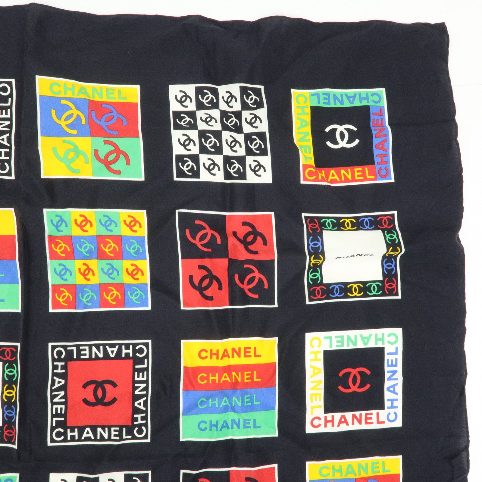 CHANEL COCO Mark Silk 100% Scarf 85×85 Black Multicolor