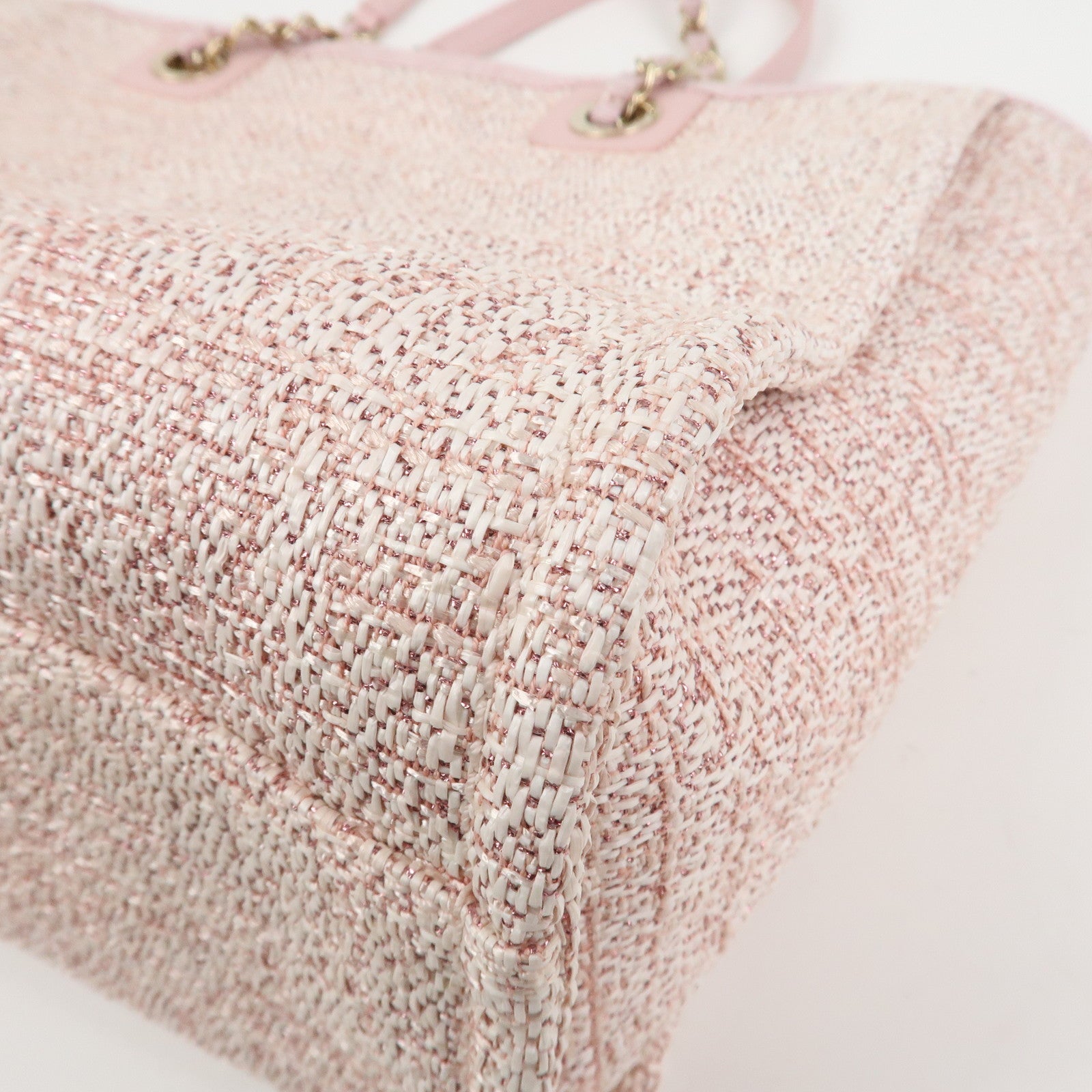 CHANEL Tweed Leather Deauville MM Shoulder Bag Tote Bag Pink