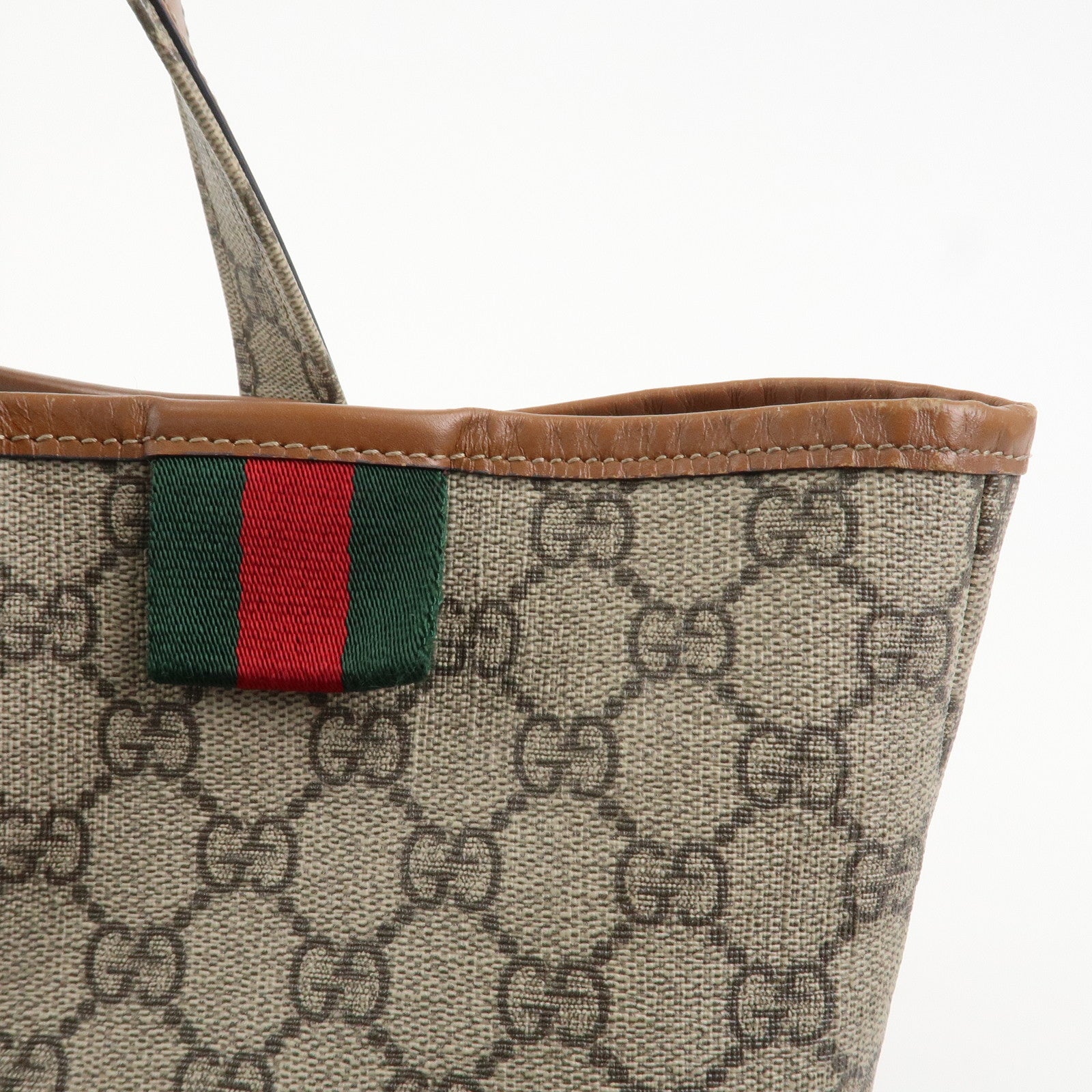 GUCCI GG Supreme Sherry Leather Tote Bag Beige Brown 211134