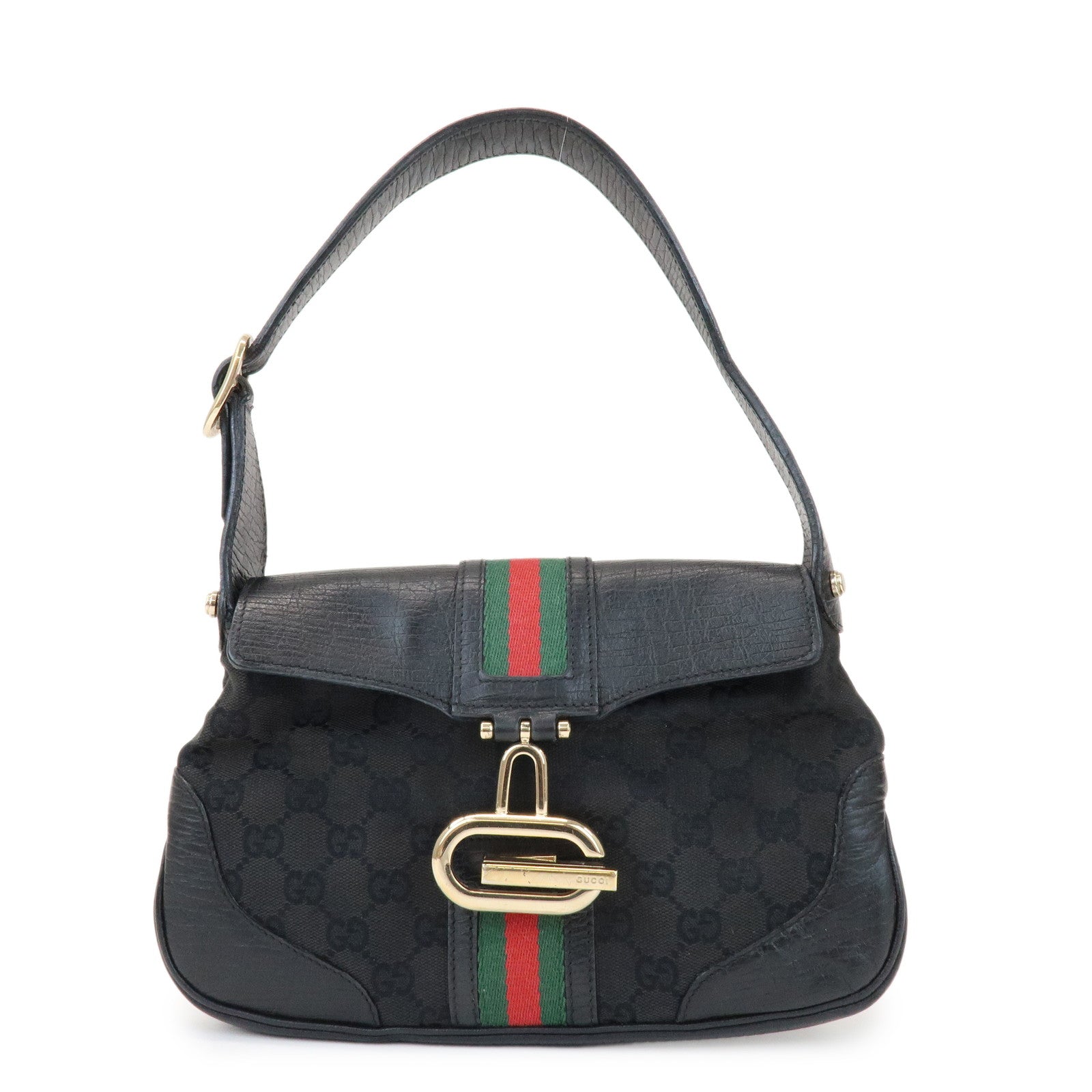 GUCCI Sherry GG Canvas Embossed Leather Shoulder Bag Black 130846