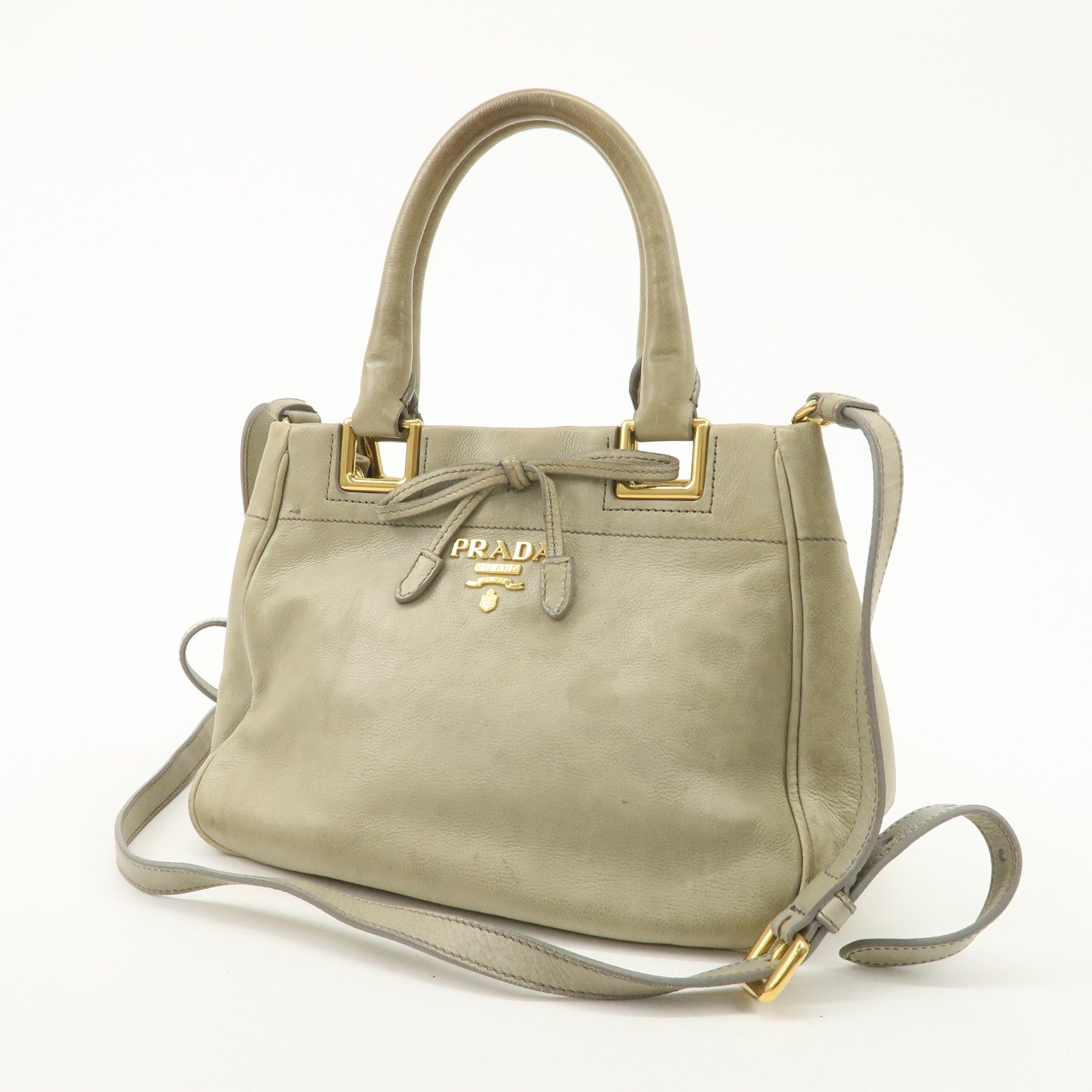 PRADA Logo Ribon Leather 2WAY Tote Bag Hand Bag Beige Gold HDW BN2245 Used