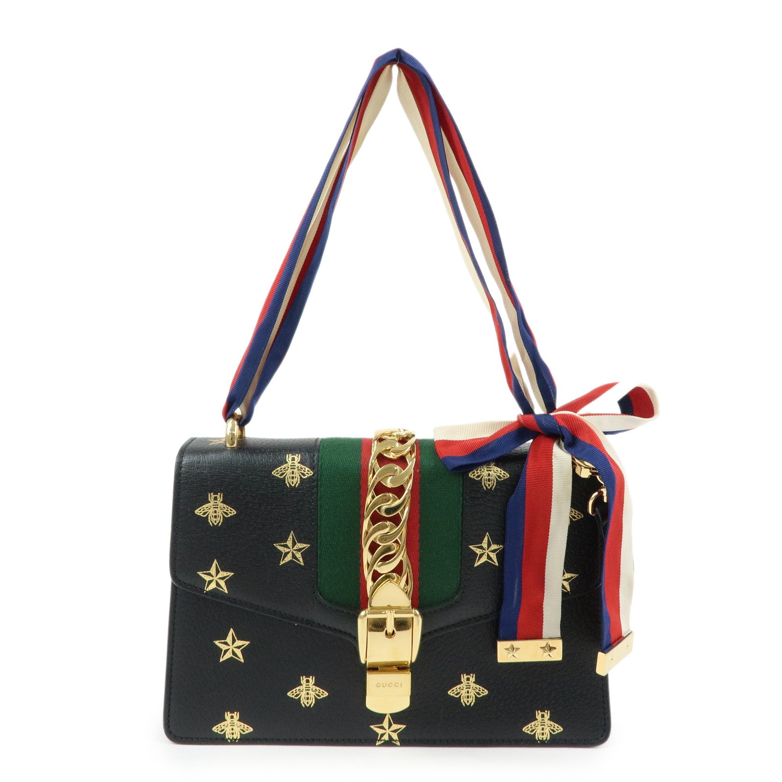 GUCCI Sylvie Sherry Leather Shoulder Bag Black Bee & Star 524405