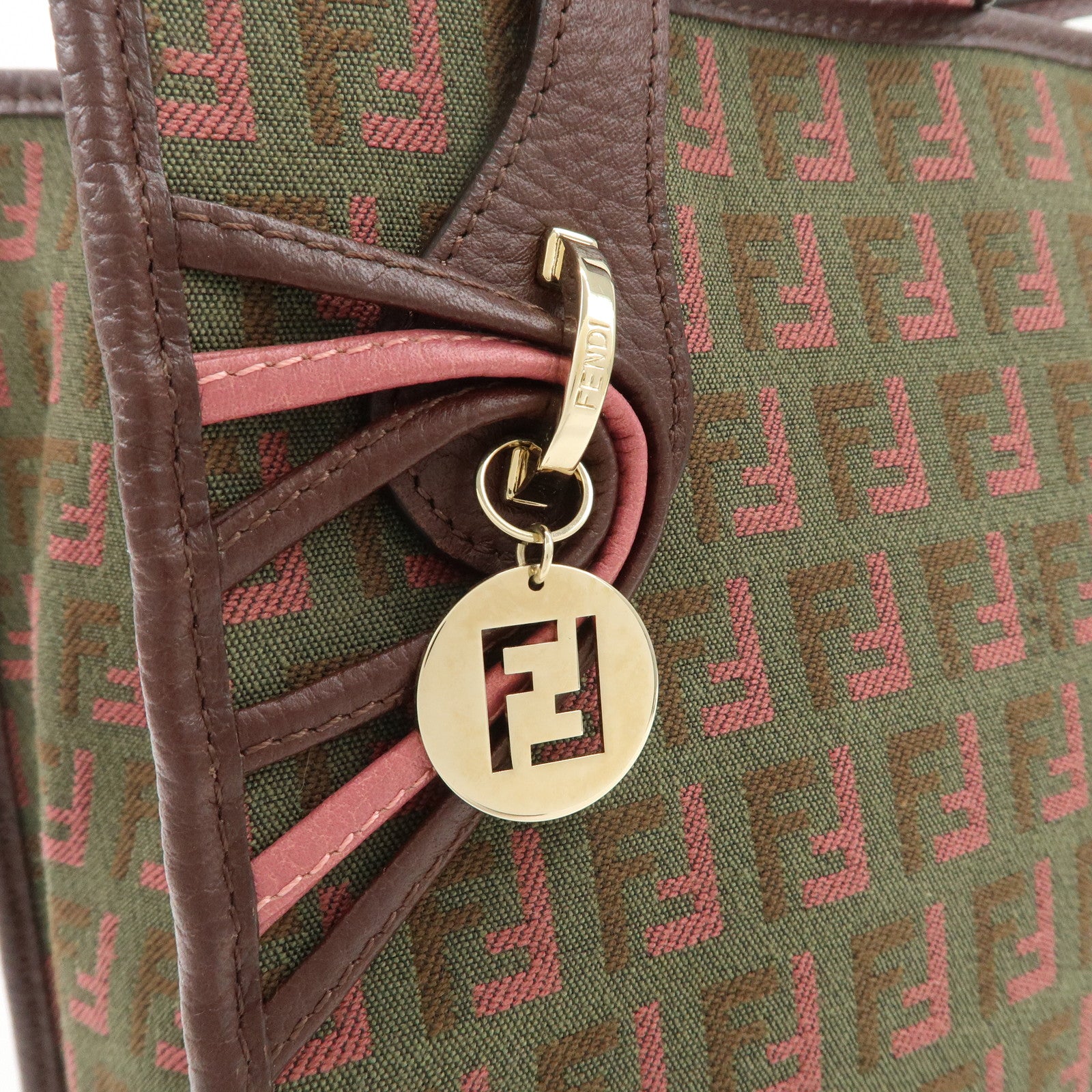 FENDI Zucchino Leather Canvas Hand Bag Khaki Bordeaux