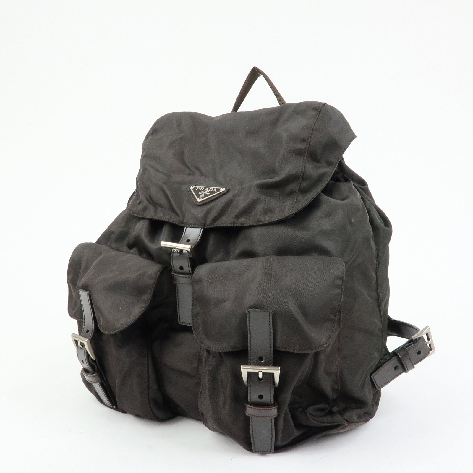 PRADA Triangle Logo Nylon Leather Backpack Rucksack Brown B2811