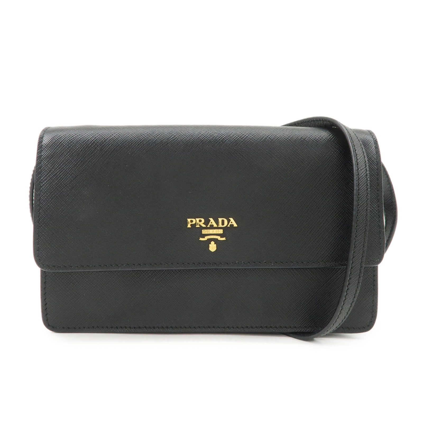 PRADA Saffiano Leather Shoulder Wallet Shoulder Bag Black BT1019