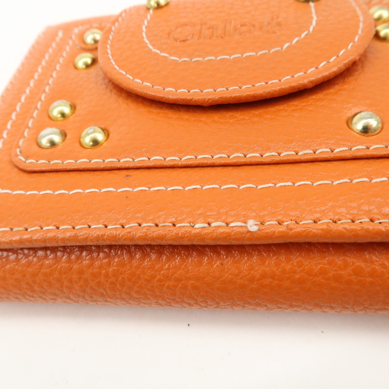 Chloe Leather Tri-fold Compact Wallet Studs Orange