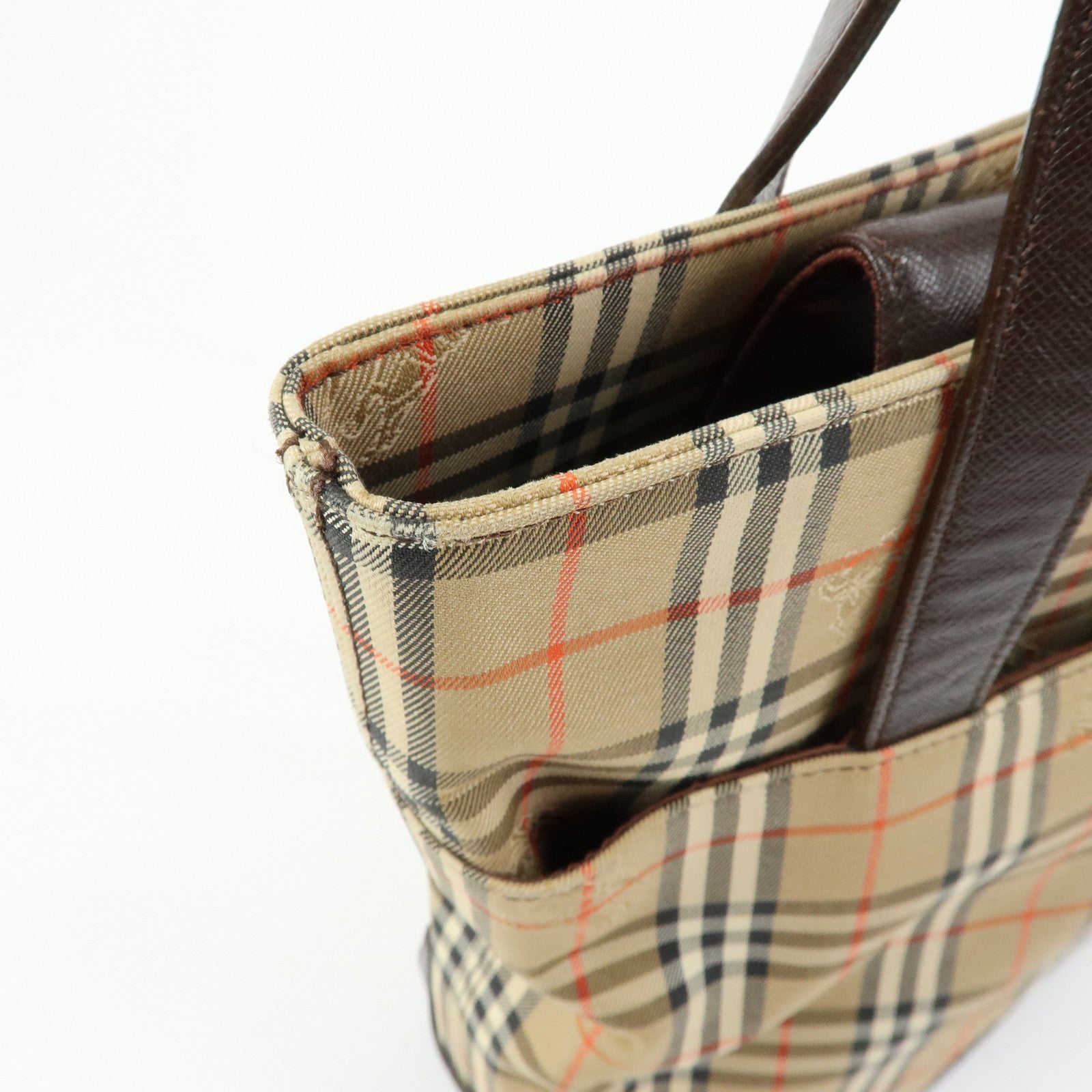 BURBERRY Nova Plaid Canvas Leather Tote Bag Shoulder Bag Beige