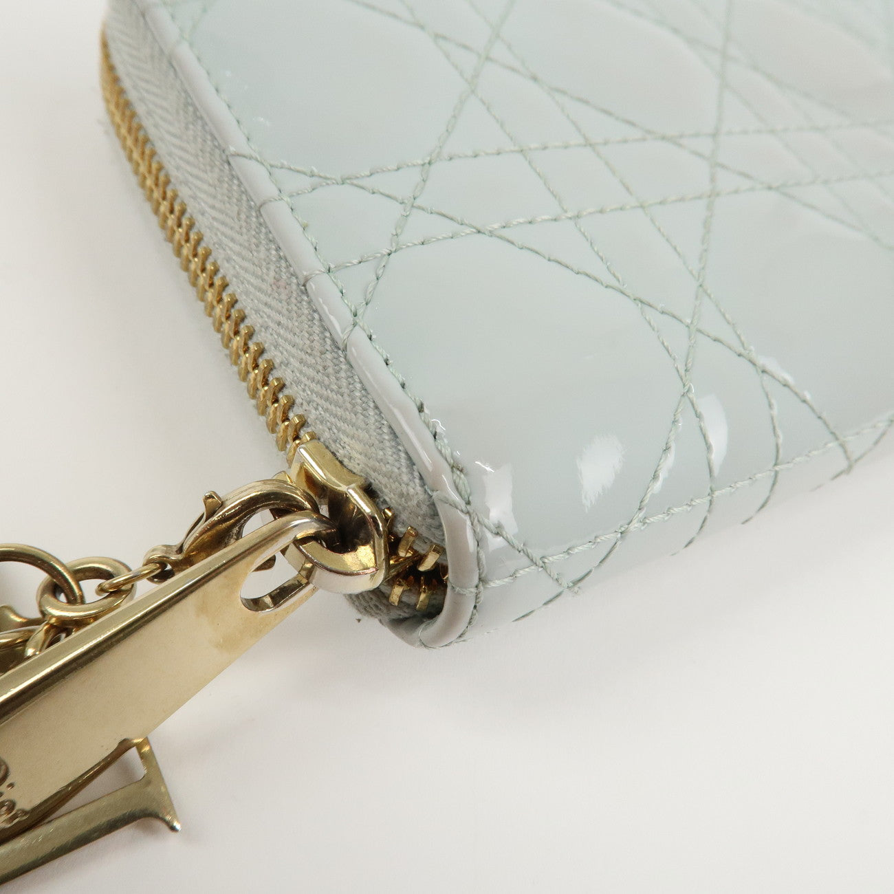 Christian Dior Cannage Patent Leather Zippy Long Wallet Light Blue Used