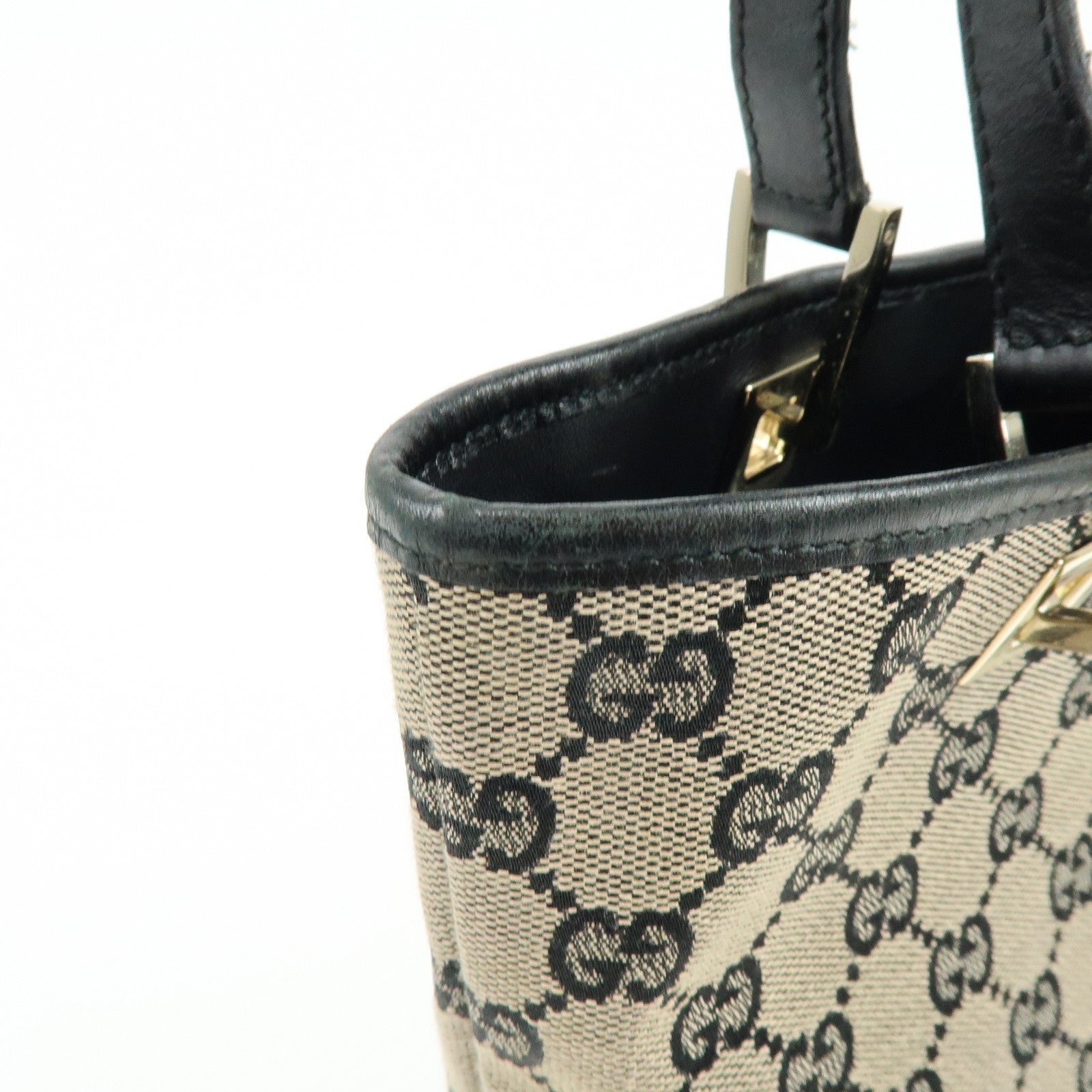 GUCCI GG Canvas Leather Tote Bag Hand Bag Beige Black 0021099