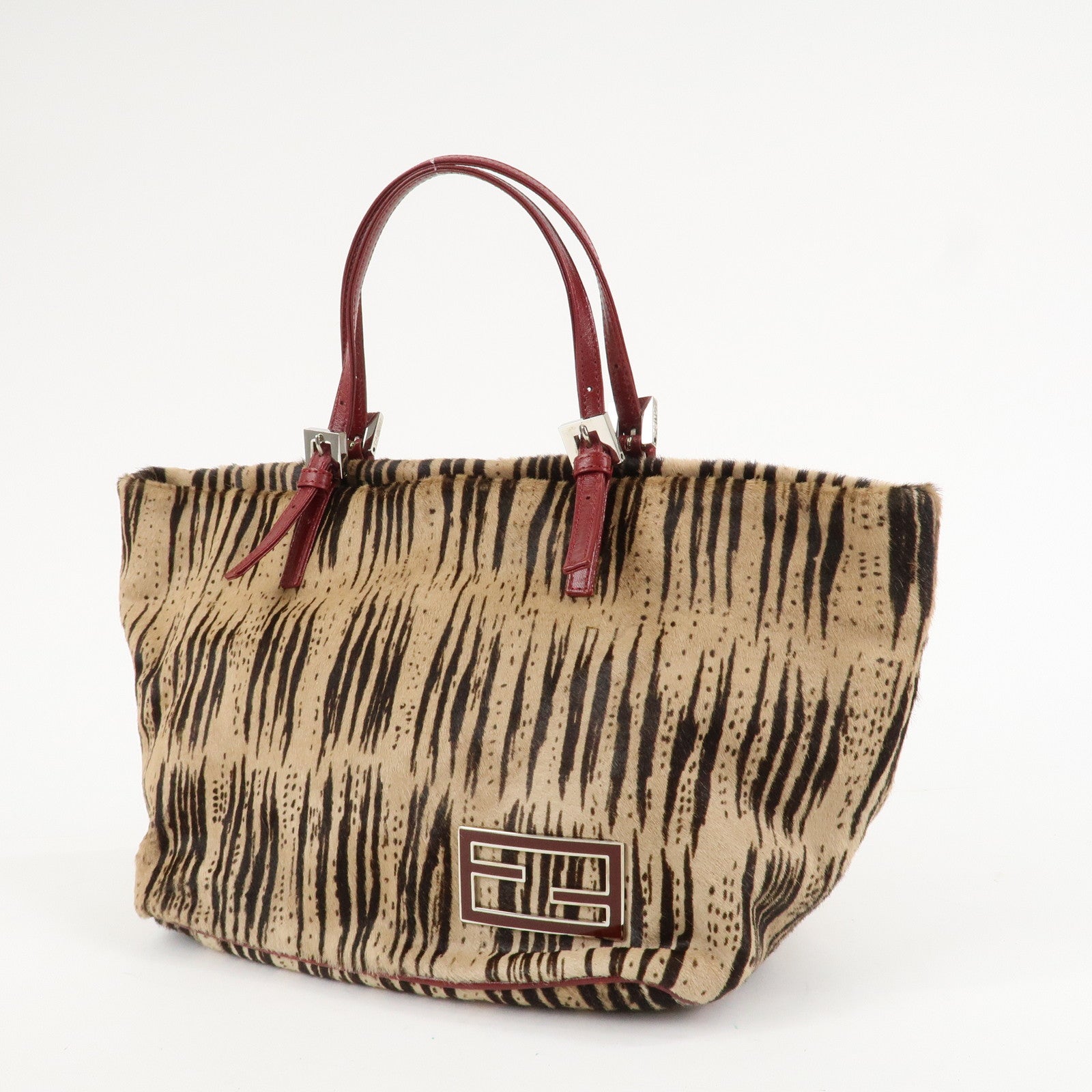 FENDI Leather Unborn Calf Tote Bag Hand Bag Zebra Brown Red Used