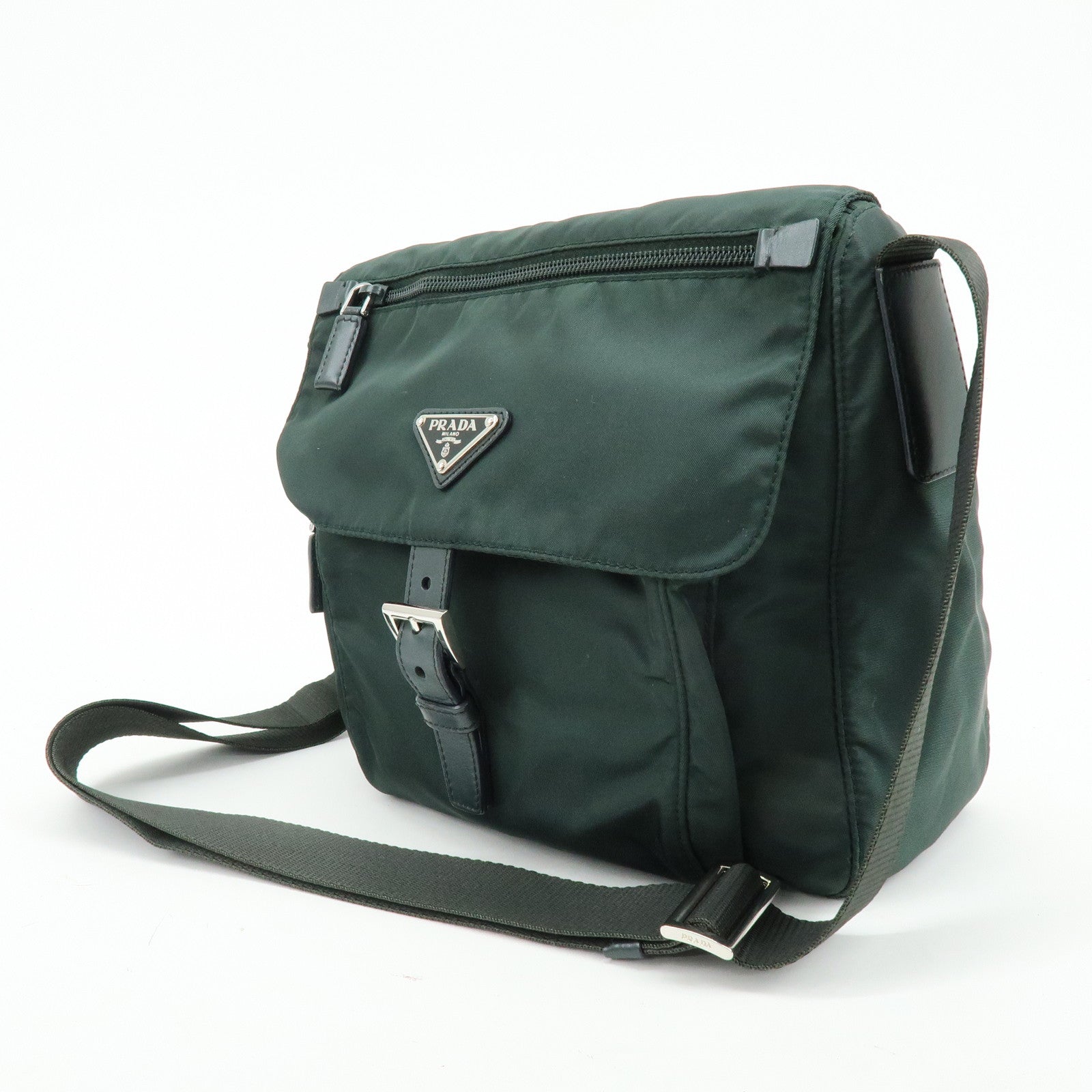 PRADA Triangle Logo Nylon Leather Shoulder Crossbody Bag Dark Brown