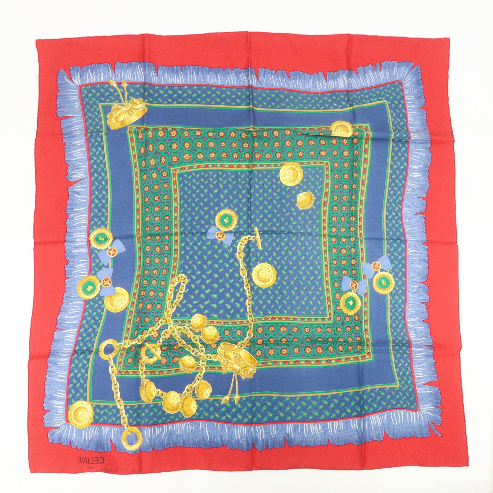 CELINE Silk 100% Scarf Red Blue Yellow Multicolor