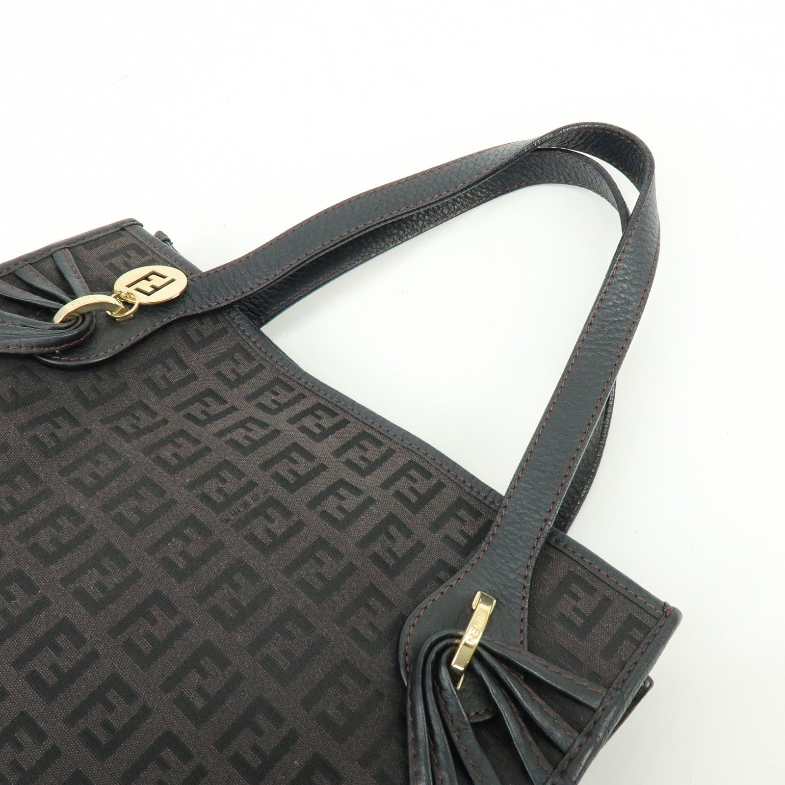 FENDI Zucchino Canvas Leather Hand Bag Tote Bag Brown 8BH152