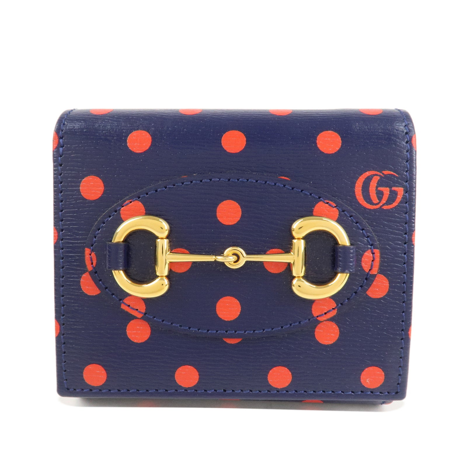GUCCI Horsebit Dot Pattern Leather Bifold Wallet Navy Red 621891 Used