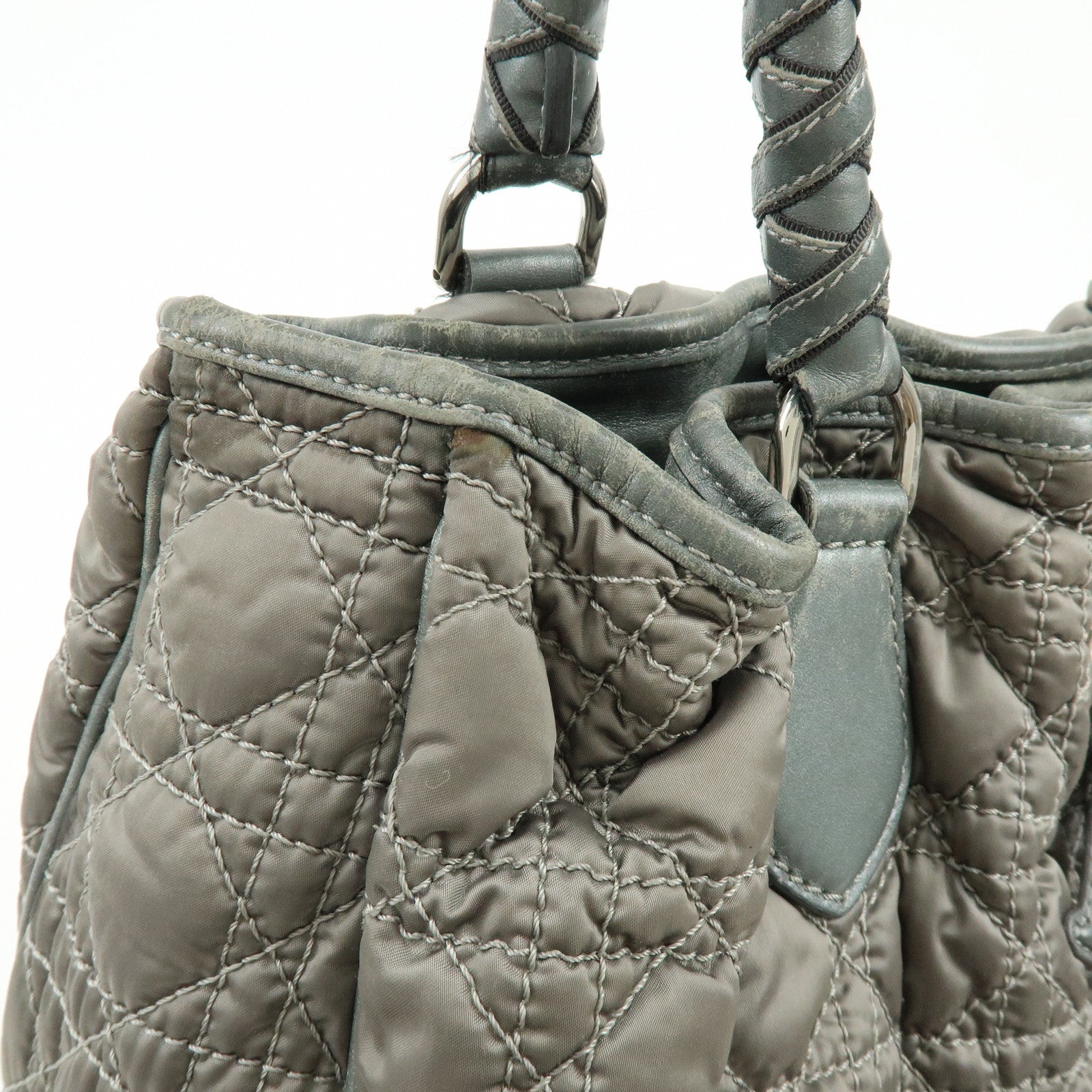 Christian Dior Cannage Nylon Leather Tote Bag Shoulder Bag Gray