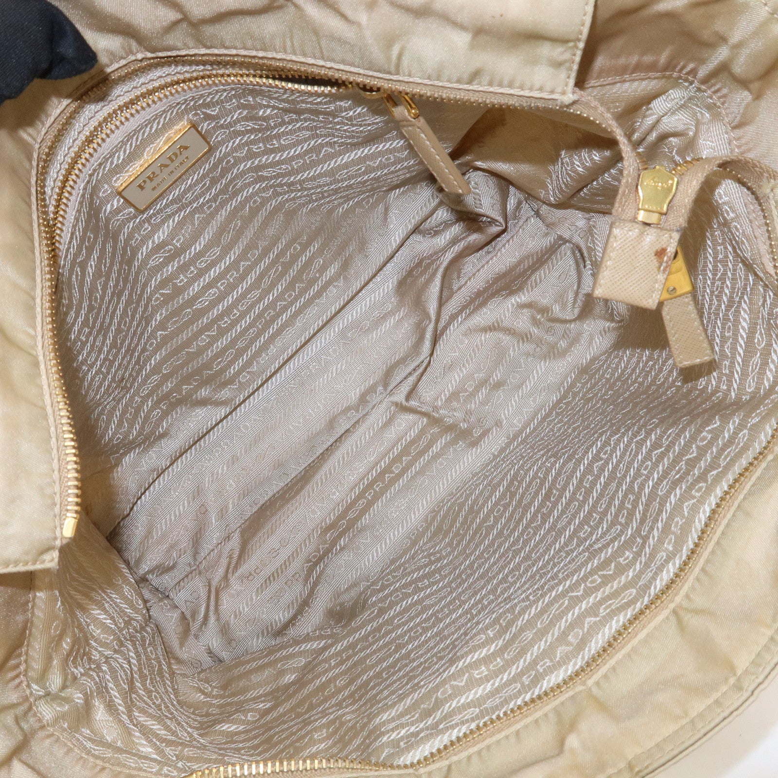PRADA Triangle Logo Nylon Saffiano Leather Tote Bag Beige BR2311