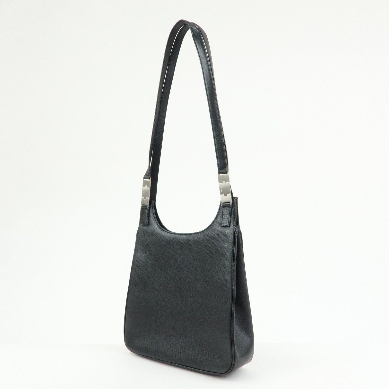 Ferragamo Logo Silver Buckle Leather Shoulder Bag Hand Bag Black