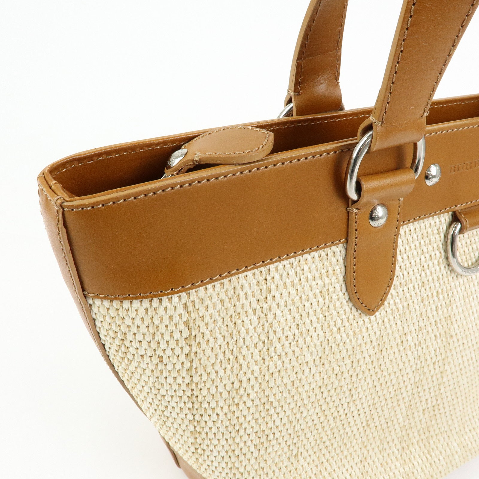 BURBERRY Straw Canvas Leather Tote Bag Shoulder Bag Natural Brown