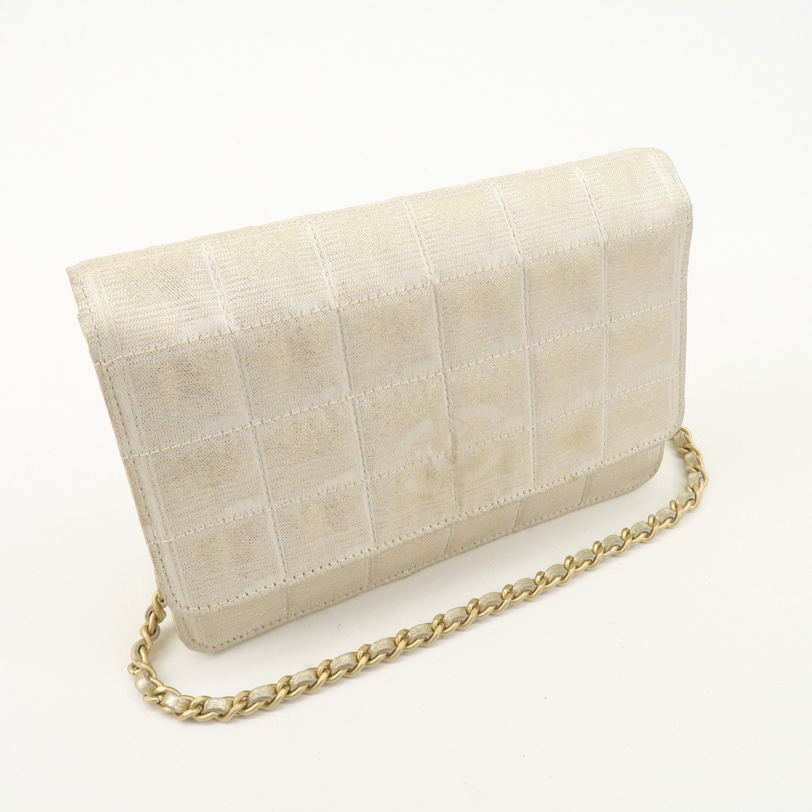 Chanel New Travel Line Nylon Jacquard Leather Chain Wallet Gold A15772 Used