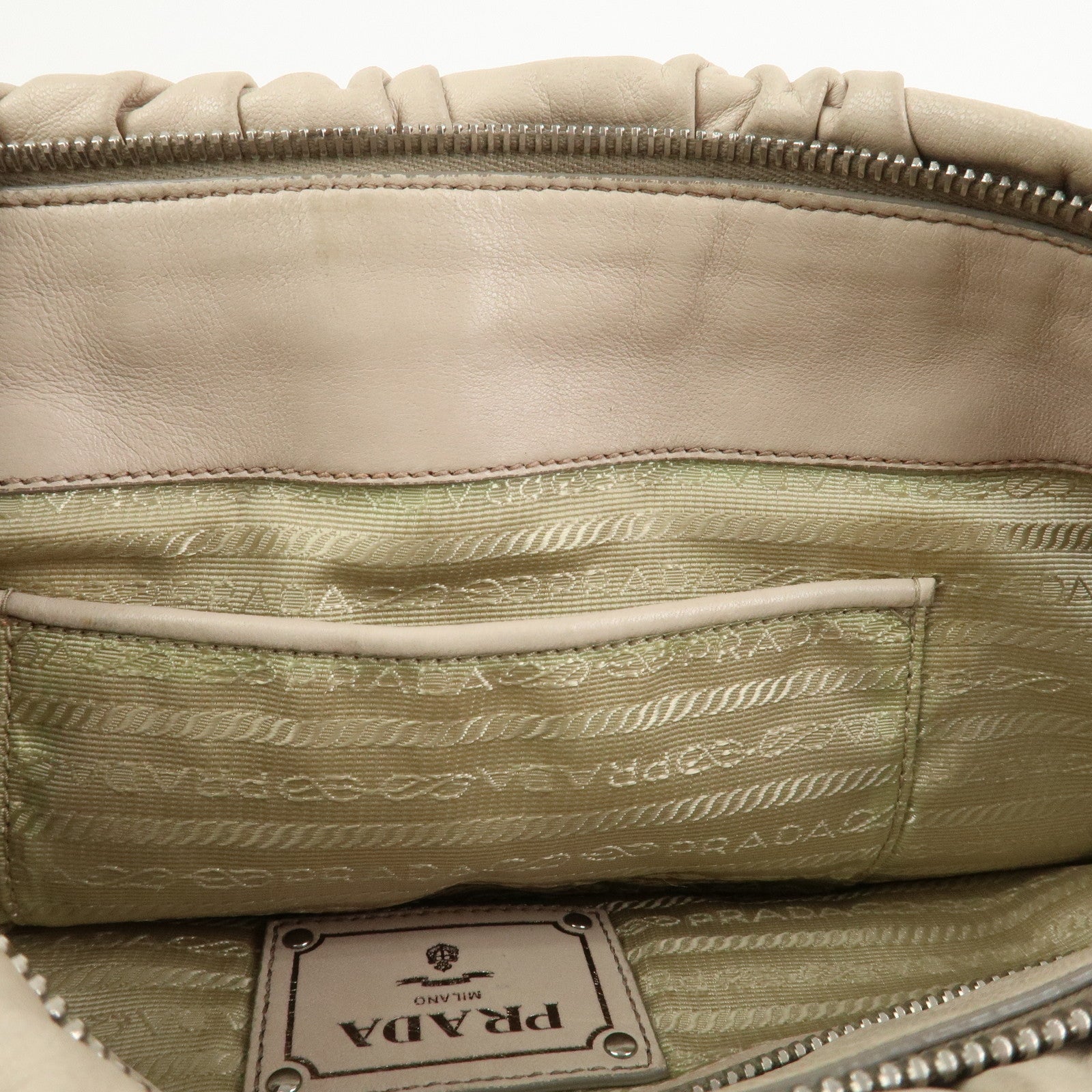 PRADA Nappa Leather Gathered 2Way Tote Shoulder Bag Beige BN1407