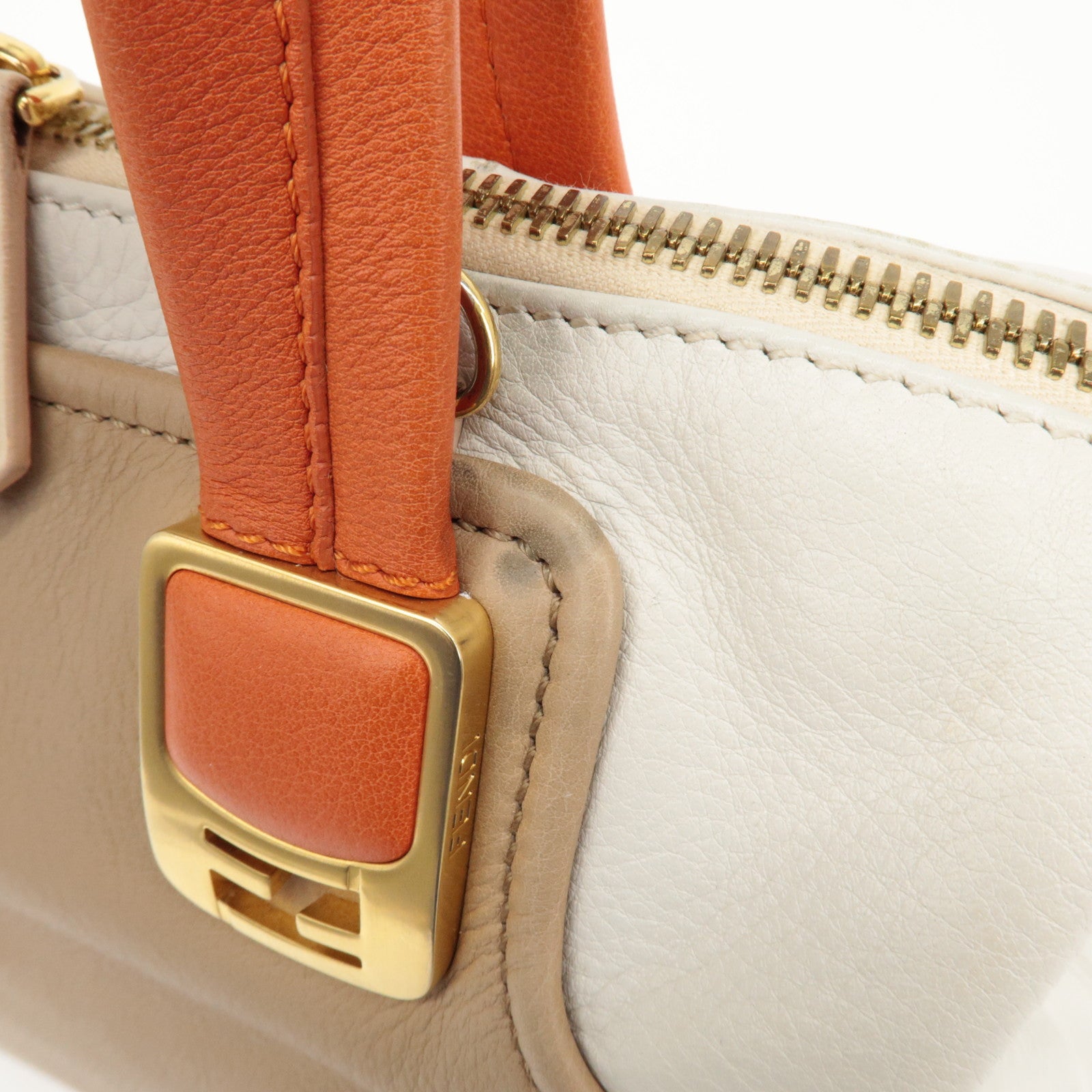 FENDI Cameleon Leather 2Way Shoulder Bag Orange Beige Ivory 8BL114 Used